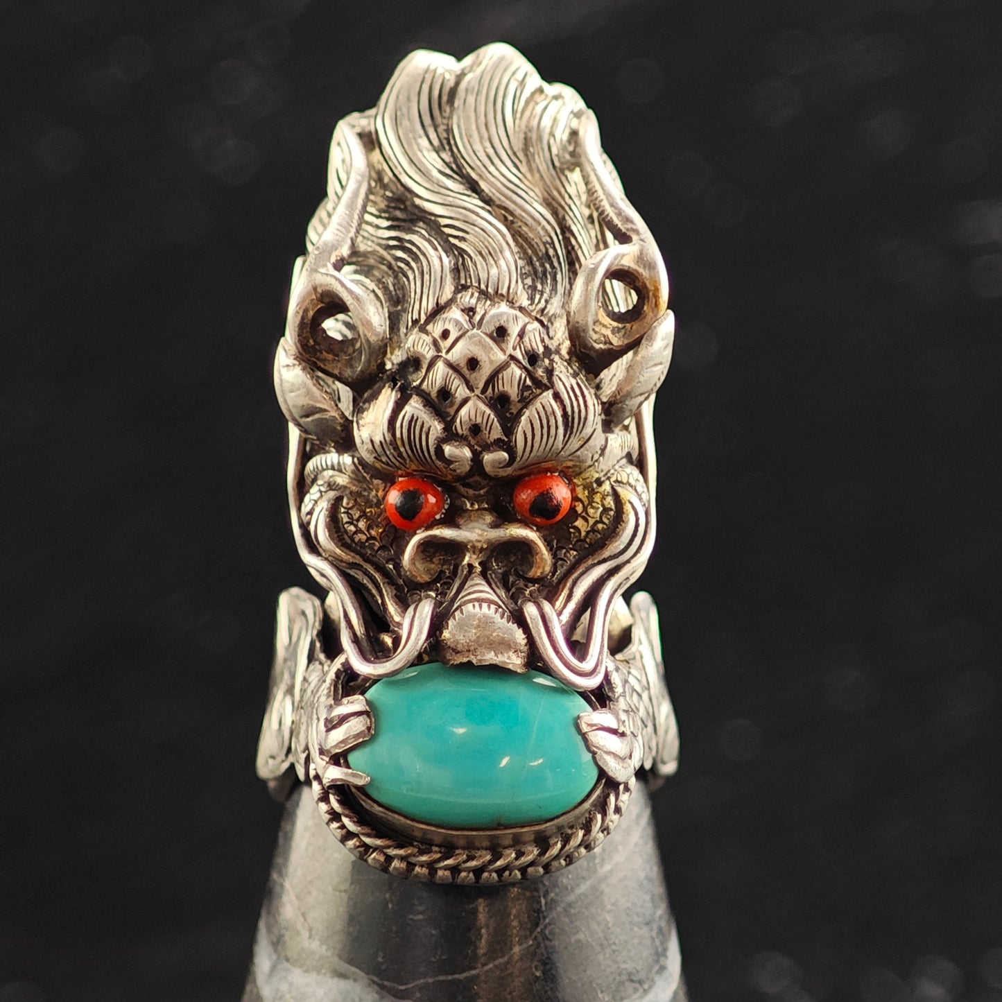 Chinese Qilin Dragon Turquoise & Coral Sterling Silver Ring Sz 8 R6478