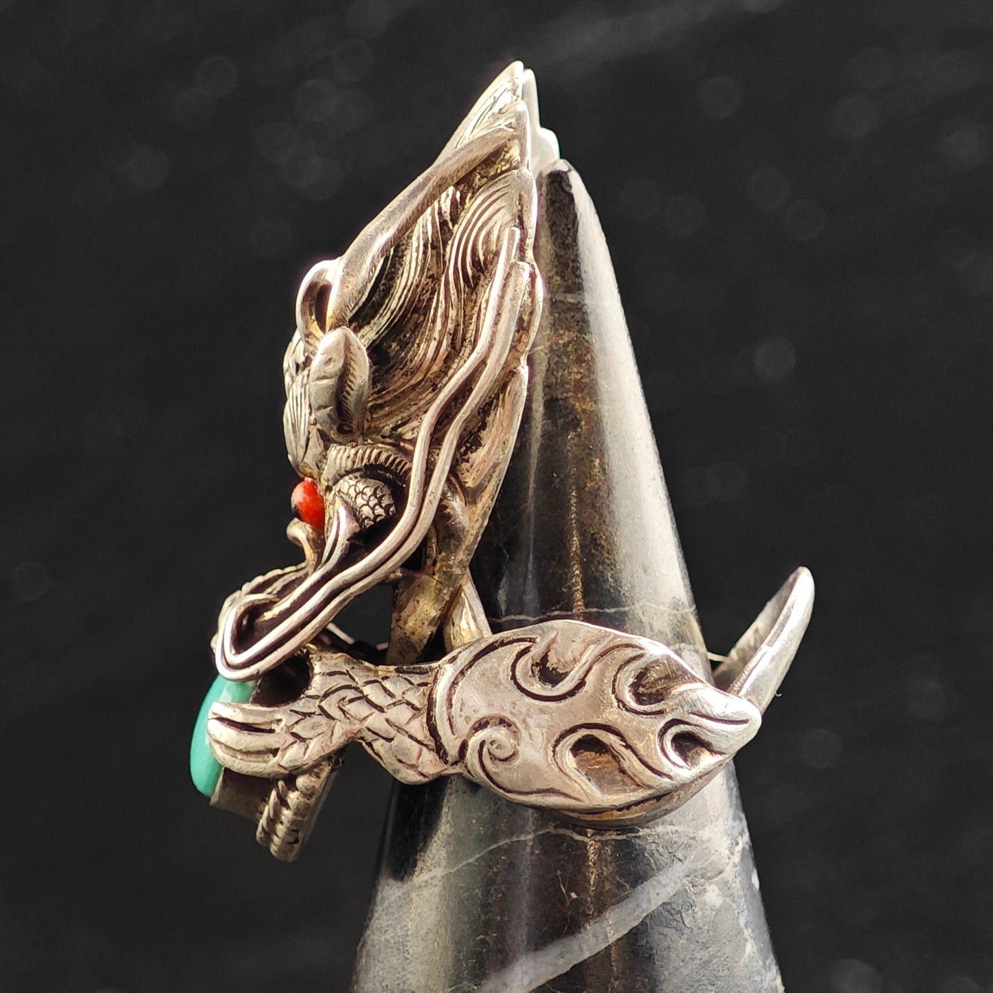 Chinese Qilin Dragon Turquoise & Coral Sterling Silver Ring Sz 8 R6478