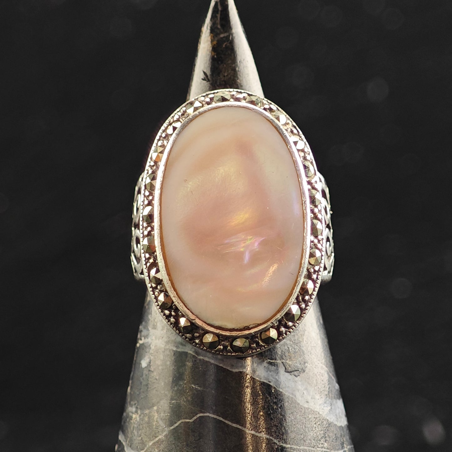 Art Deco Style Oval MOP Sterling Silver Ring Sz 6 R6481