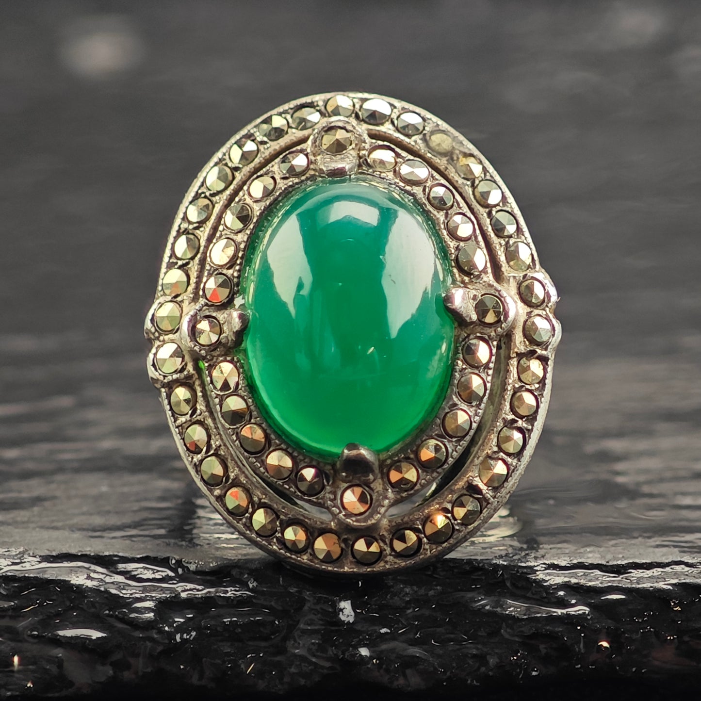 Art Deco Green Chrysoprase Cabochon Sterling Silver Ring Sz 5 1/2 R6480