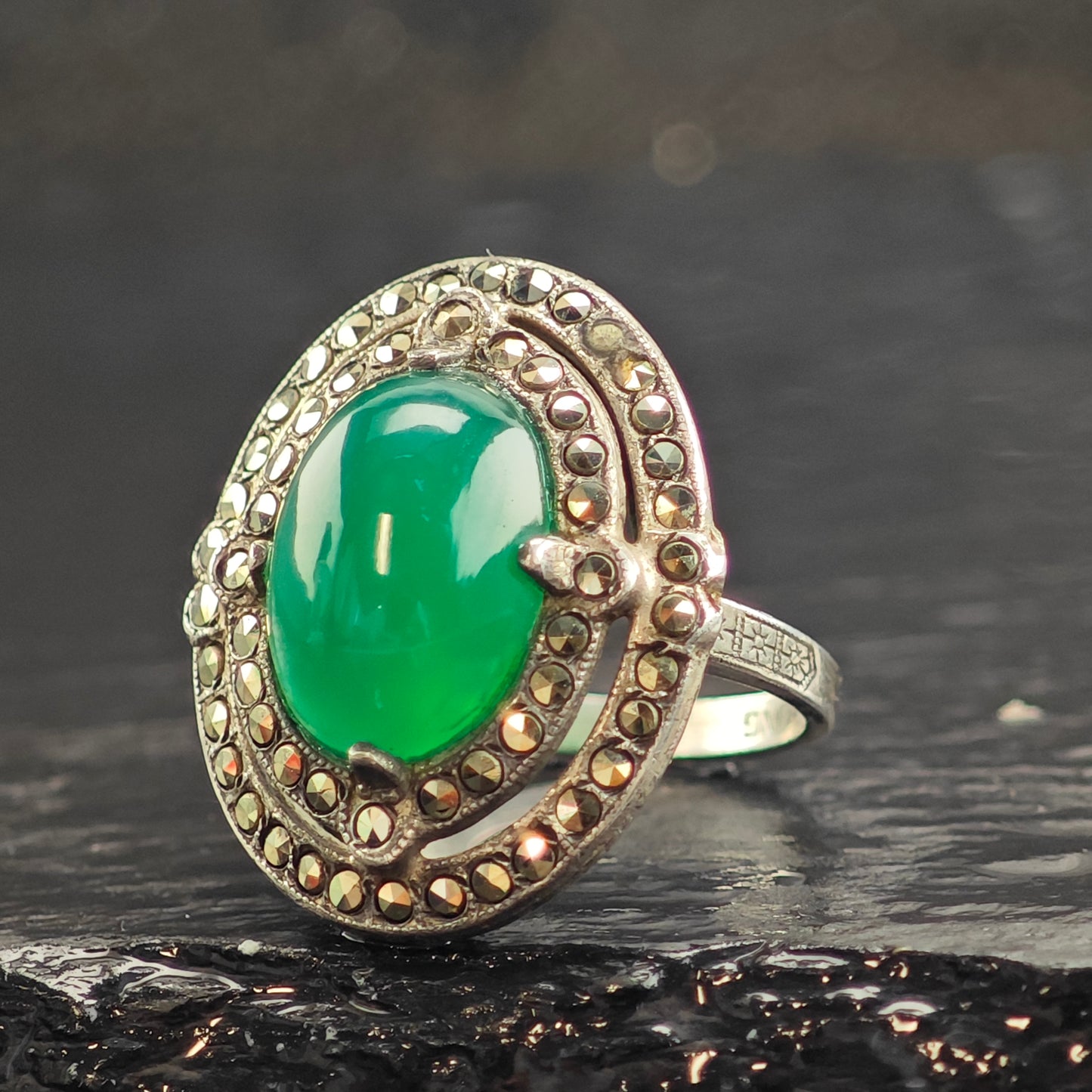 Art Deco Green Chrysoprase Cabochon Sterling Silver Ring Sz 5 1/2 R6480