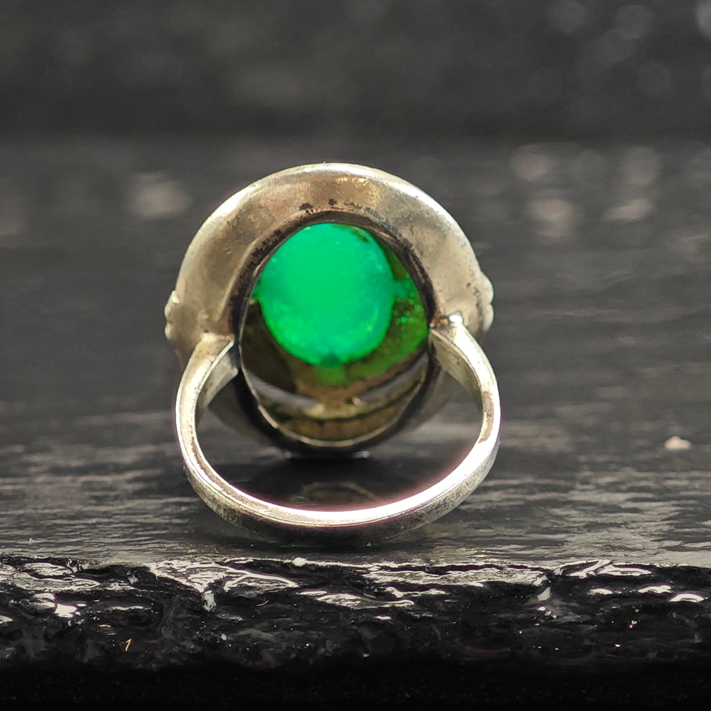Art Deco Green Chrysoprase Cabochon Sterling Silver Ring Sz 5 1/2 R6480