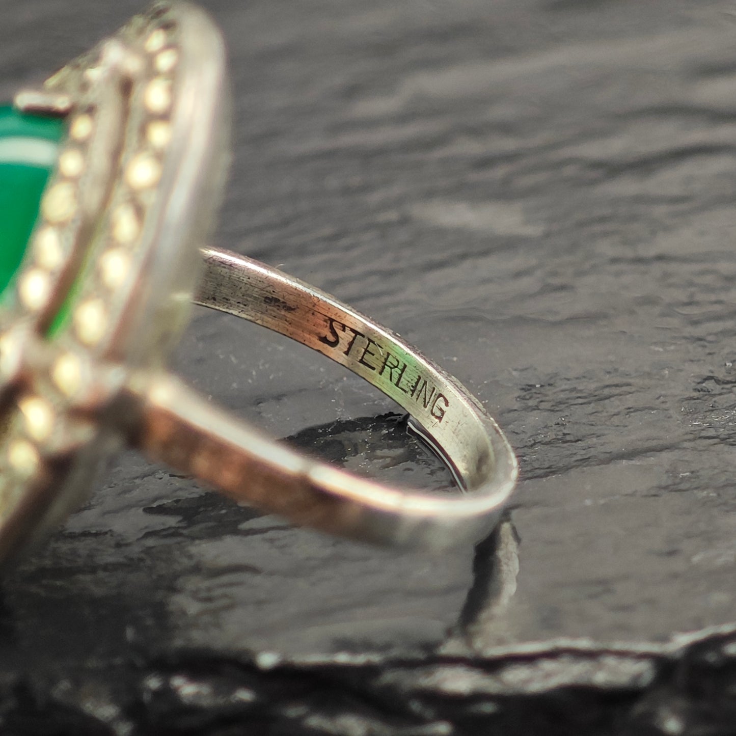 Art Deco Green Chrysoprase Cabochon Sterling Silver Ring Sz 5 1/2 R6480