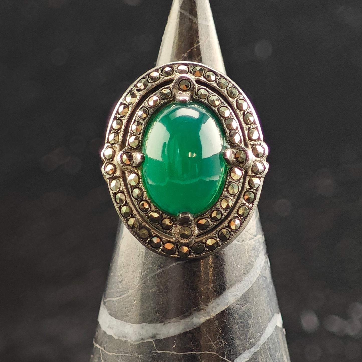 Art Deco Green Chrysoprase Cabochon Sterling Silver Ring Sz 5 1/2 R6480