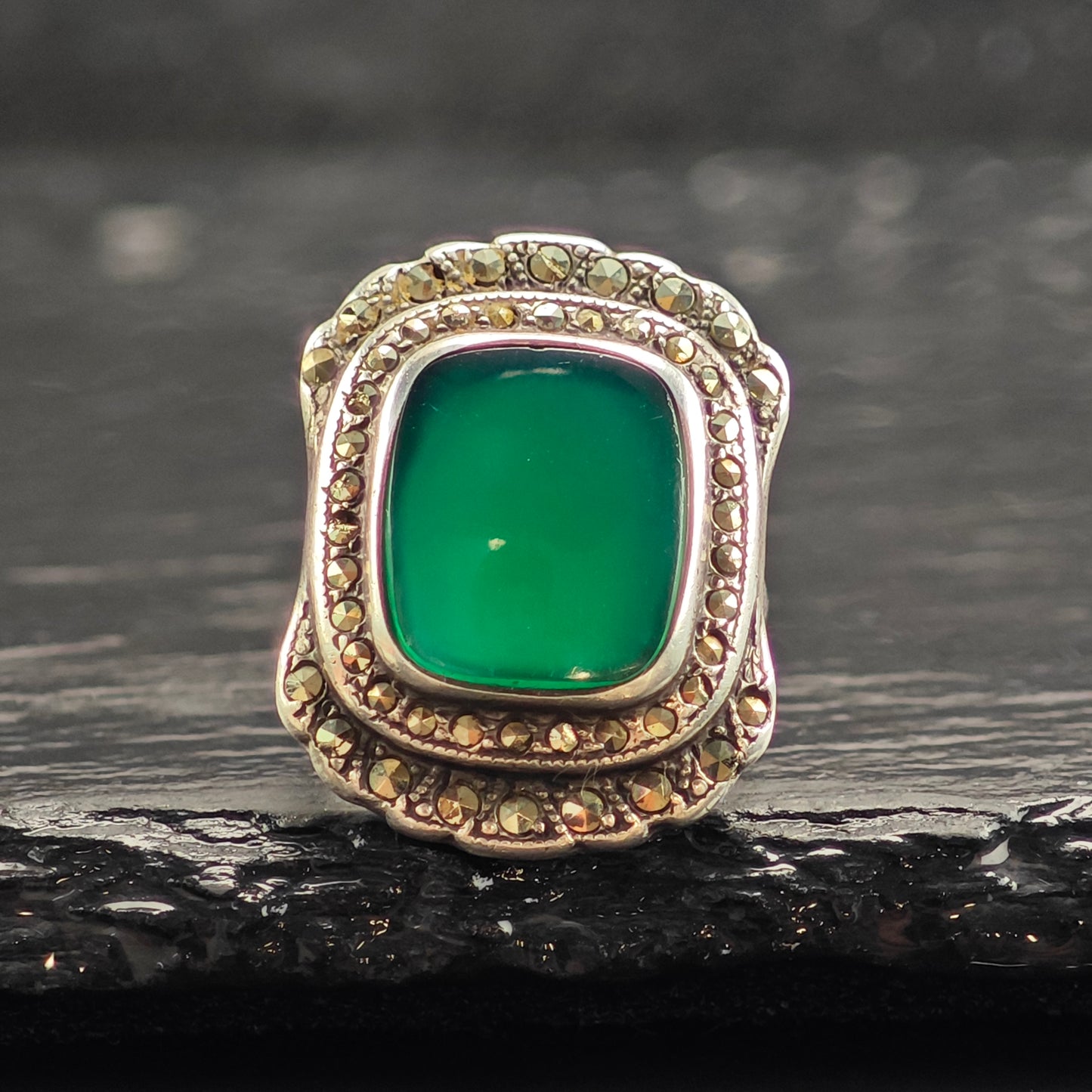 Art Deco Green Chrysoprase Sterling Silver Ring Sz 4  R6479