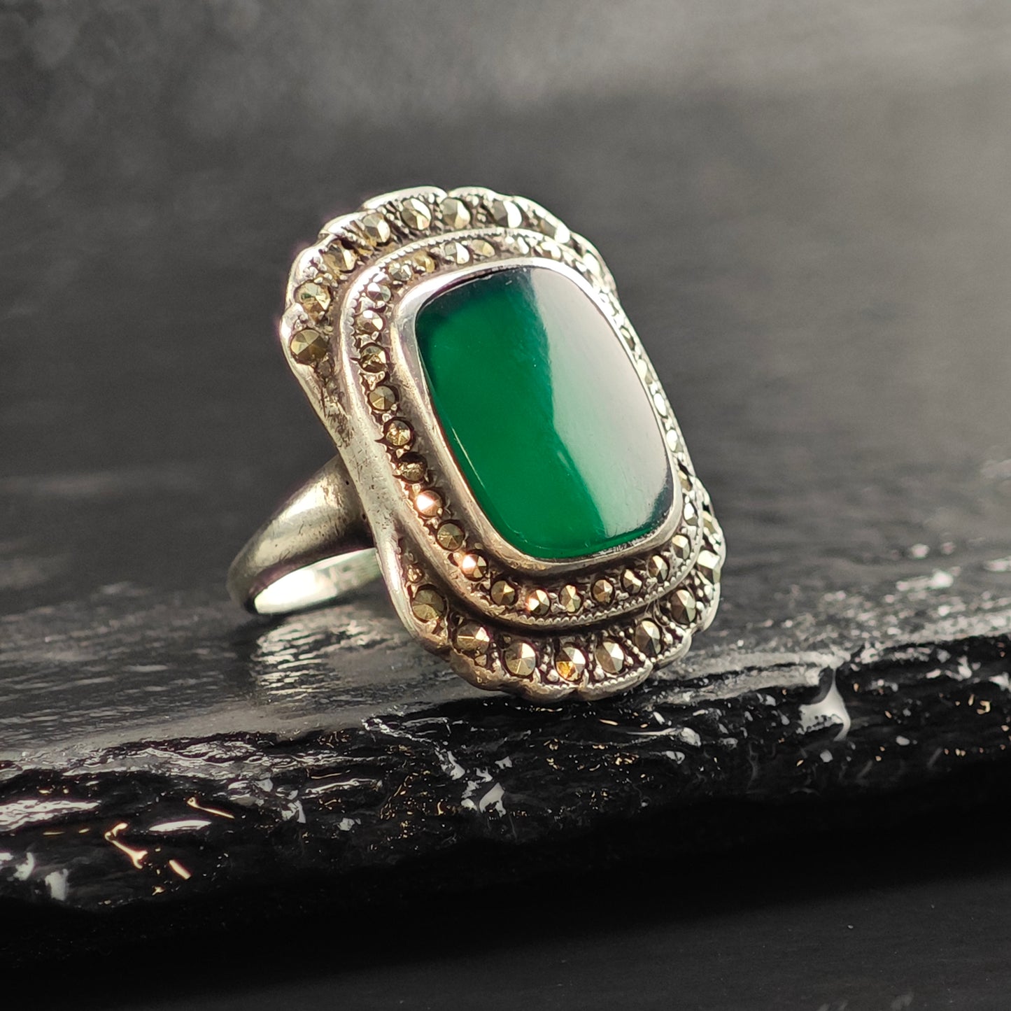 Art Deco Green Chrysoprase Sterling Silver Ring Sz 4  R6479