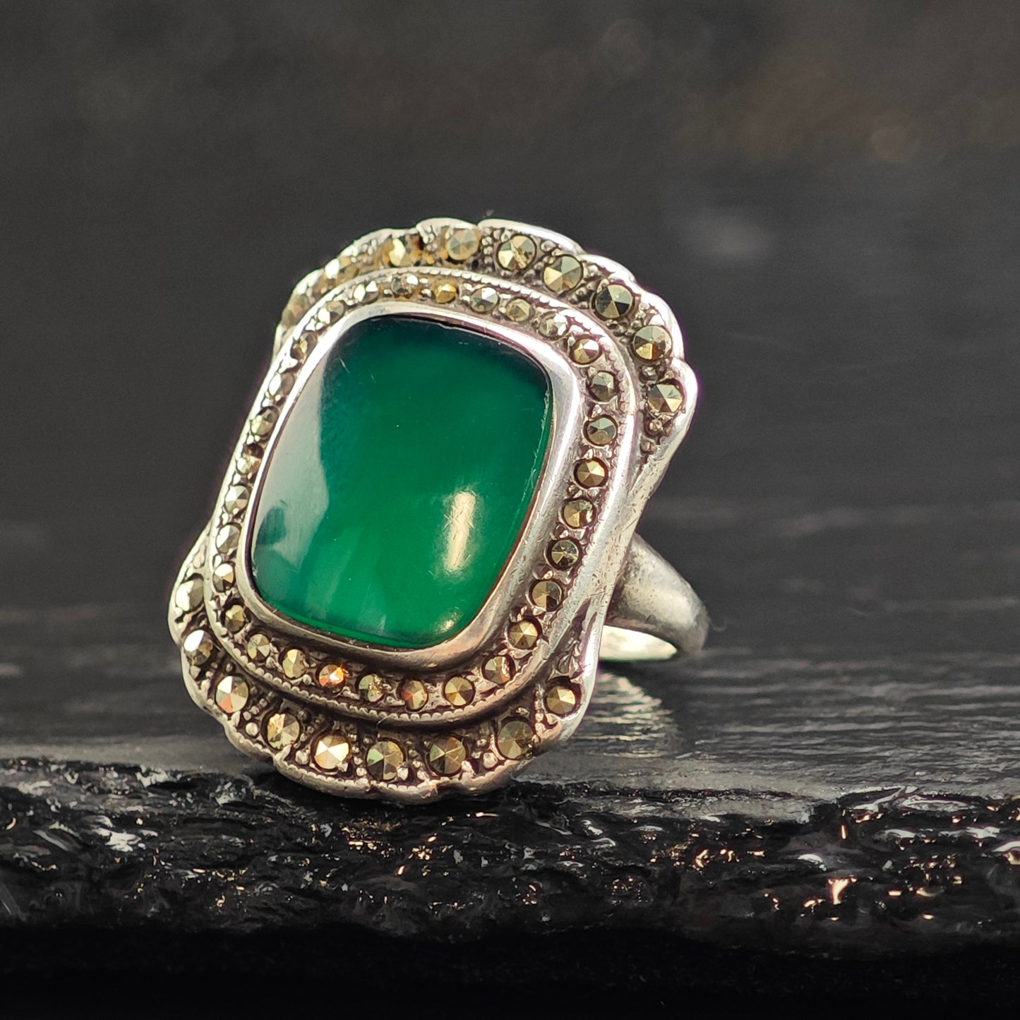 Art Deco Green Chrysoprase Sterling Silver Ring Sz 4  R6479