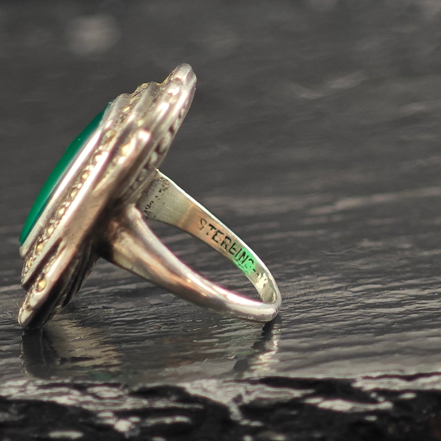 Art Deco Green Chrysoprase Sterling Silver Ring Sz 4  R6479