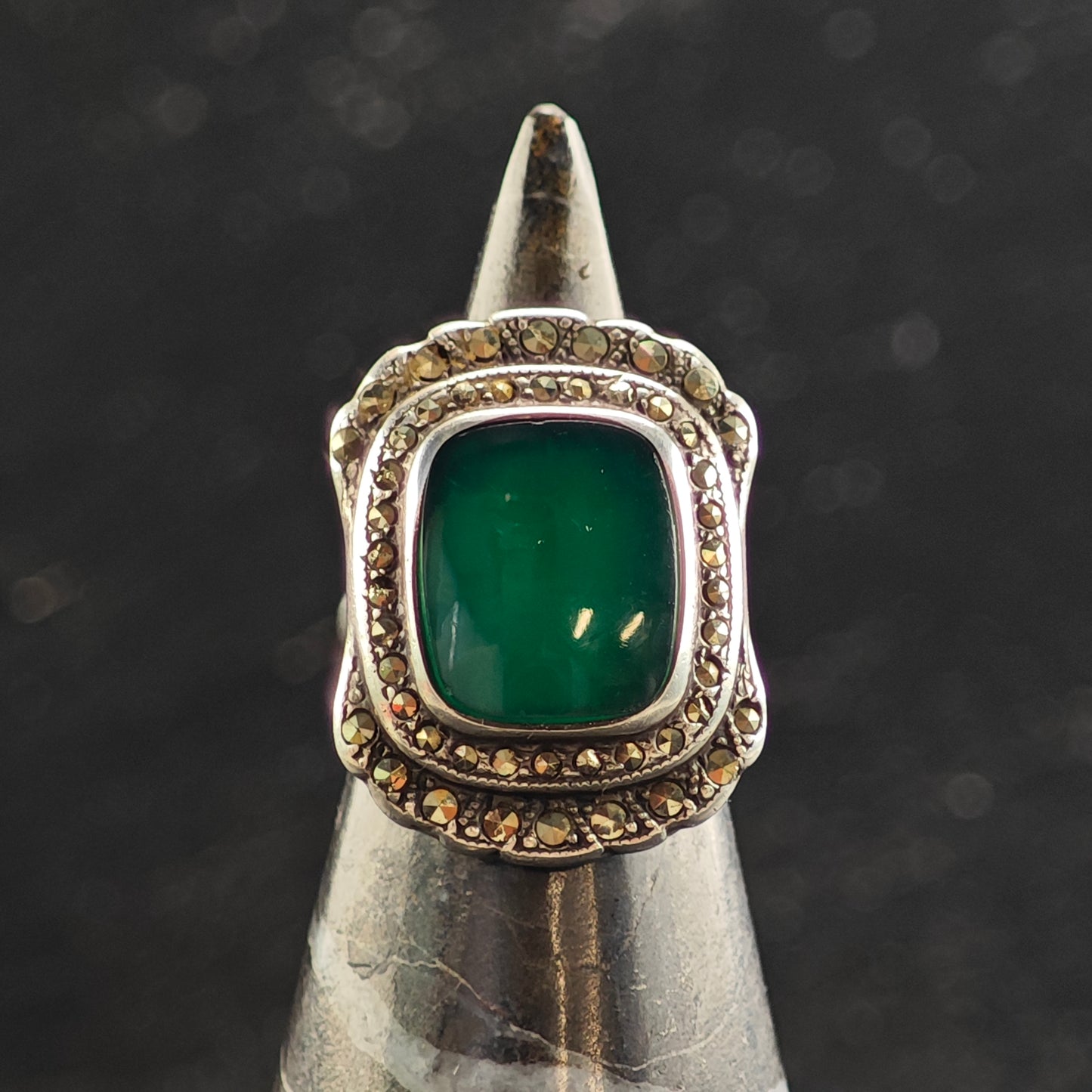 Art Deco Green Chrysoprase Sterling Silver Ring Sz 4  R6479