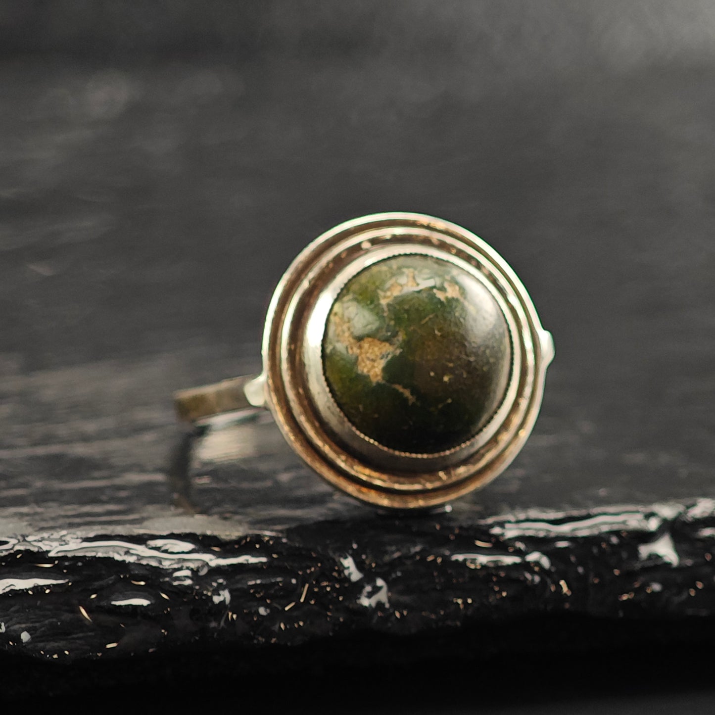 Antique European Green Turquoise Cabochon Sterling Silver Ring Sz 7 1/4 R6485