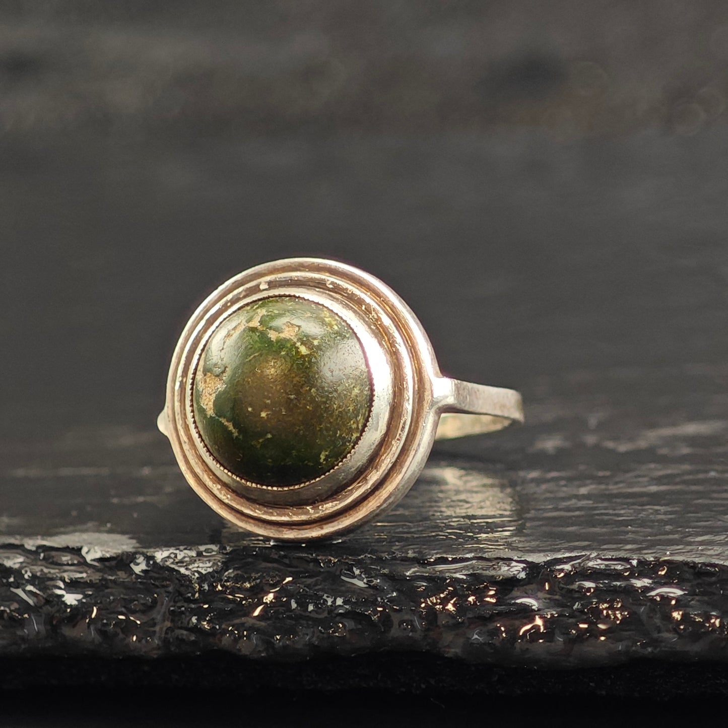 Antique European Green Turquoise Cabochon Sterling Silver Ring Sz 7 1/4 R6485