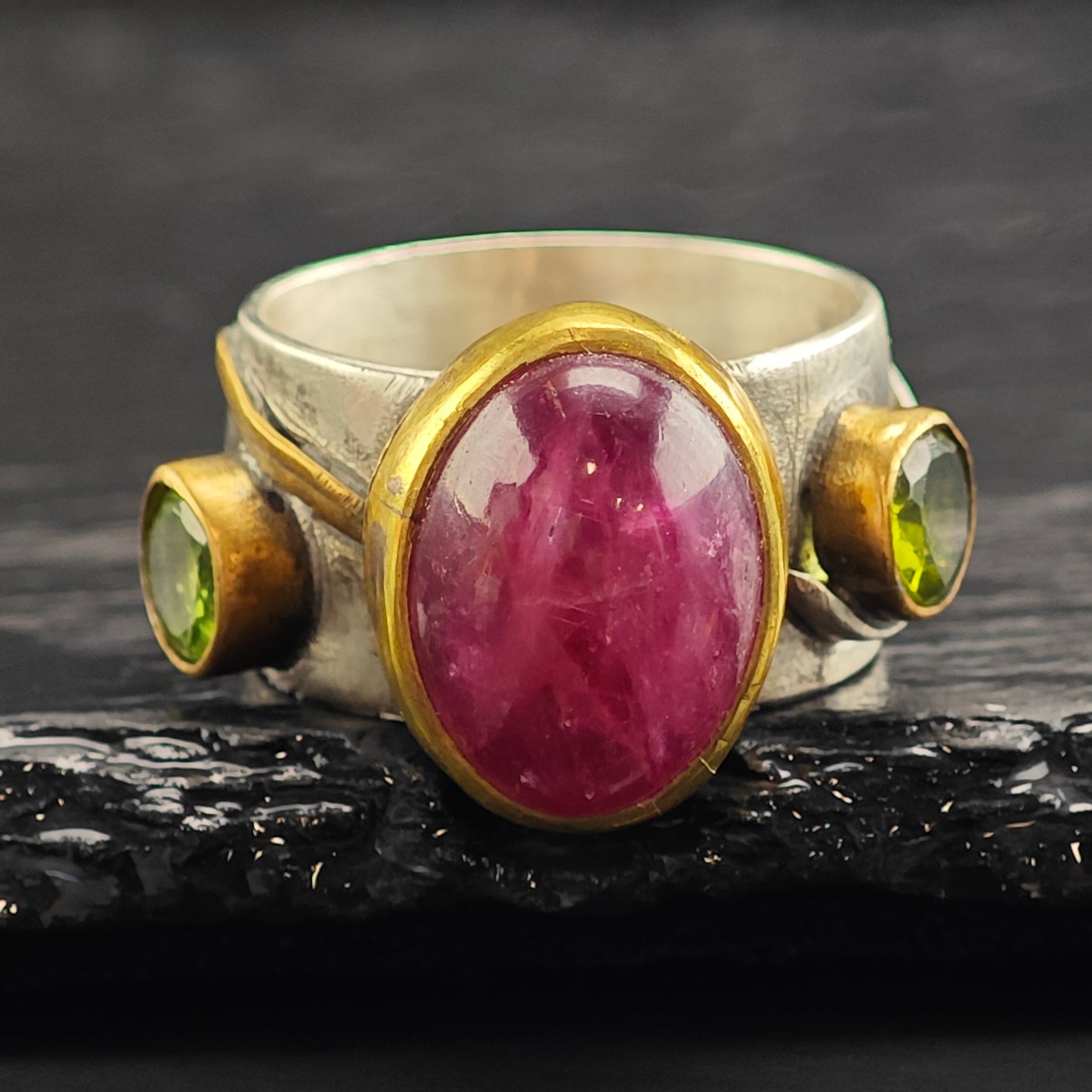 Pink Tourmaline, Peridot Roman Style Gold Filled Accent Sterling Silver Ring Sz 9 3/4 R6487