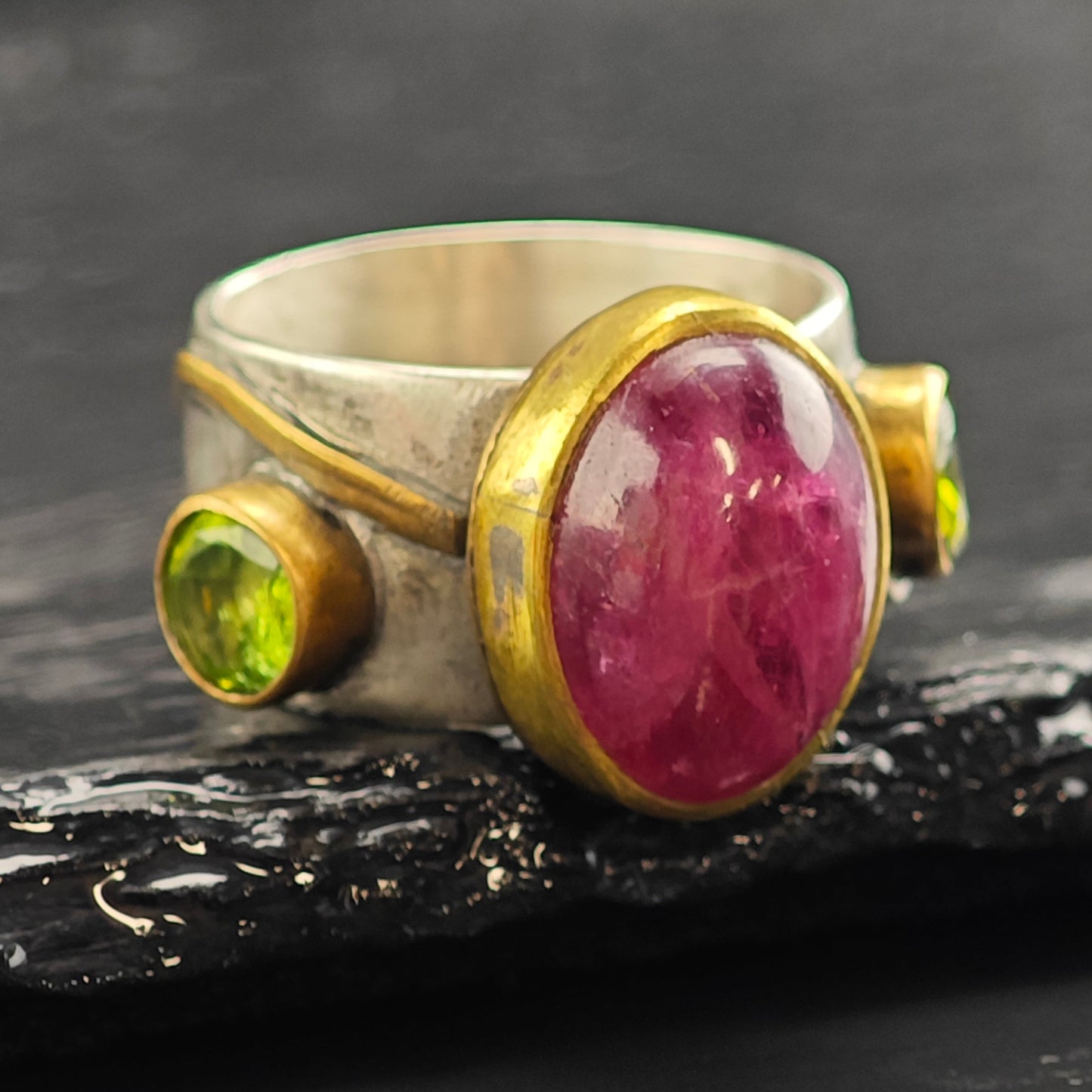 Pink Tourmaline, Peridot Roman Style Gold Filled Accent Sterling Silver Ring Sz 9 3/4 R6487