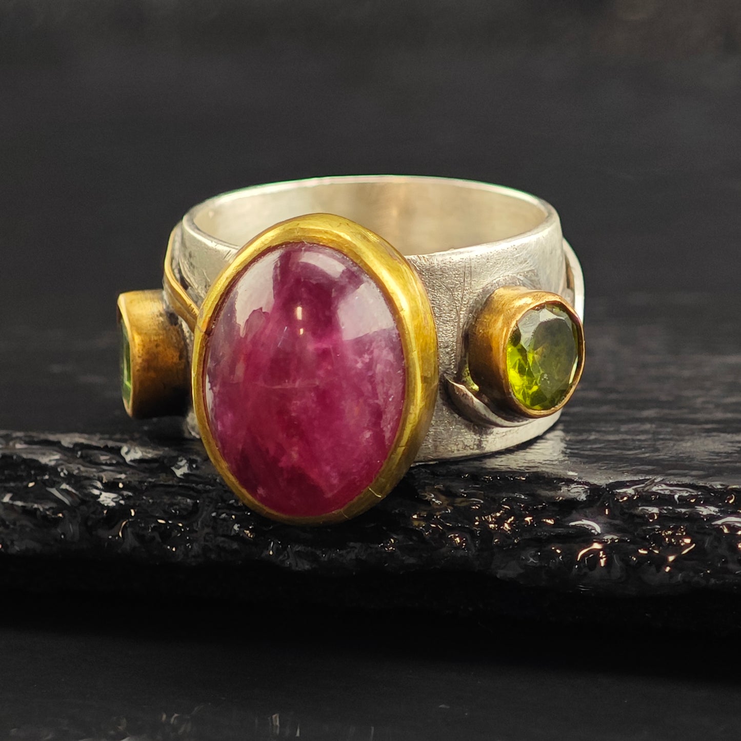 Pink Tourmaline, Peridot Roman Style Gold Filled Accent Sterling Silver Ring Sz 9 3/4 R6487