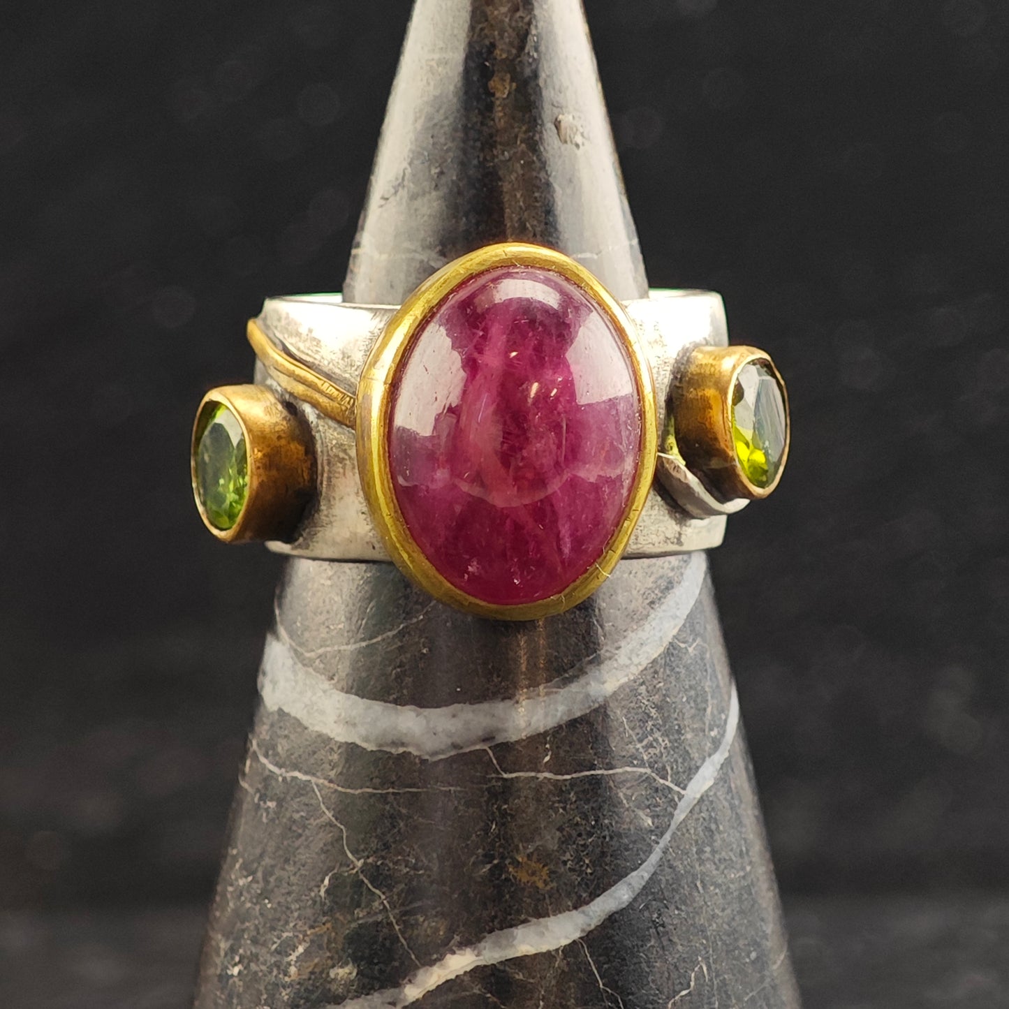 Pink Tourmaline, Peridot Roman Style Gold Filled Accent Sterling Silver Ring Sz 9 3/4 R6487