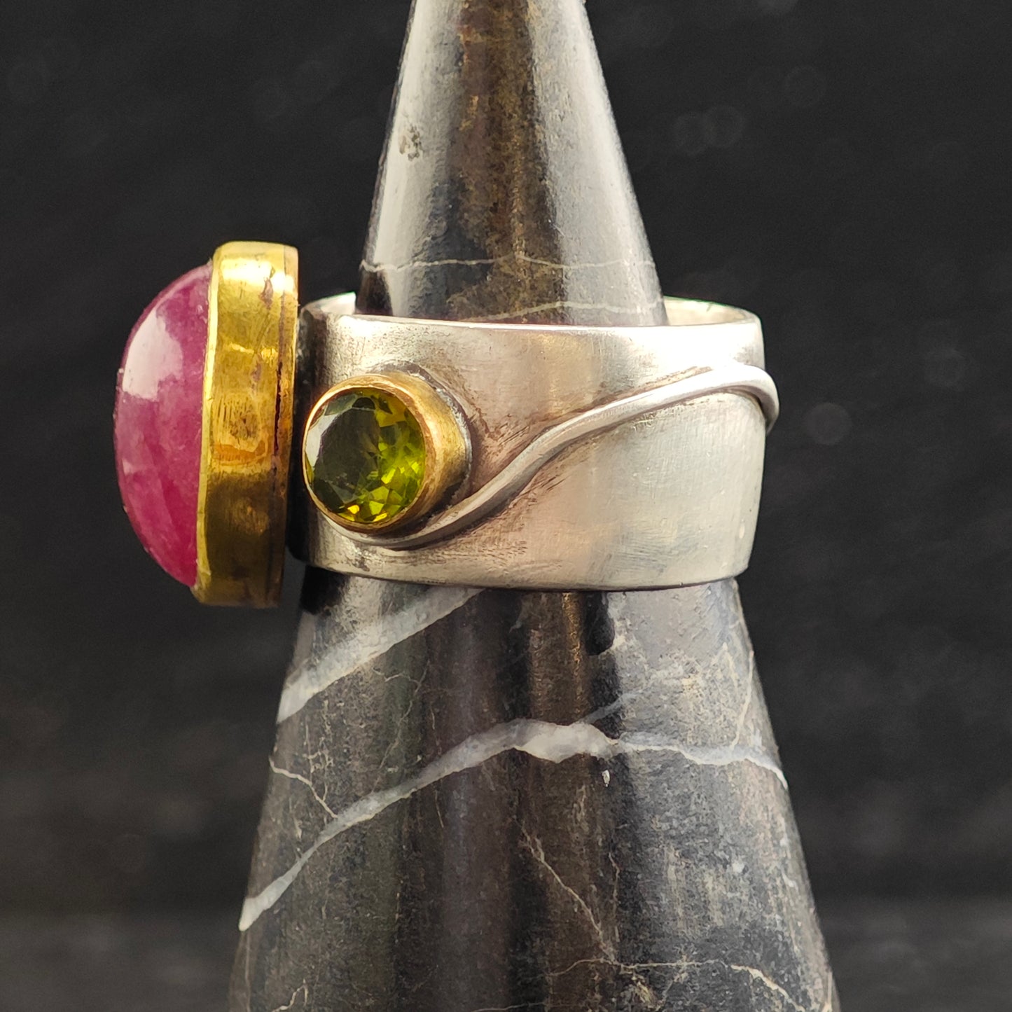 Pink Tourmaline, Peridot Roman Style Gold Filled Accent Sterling Silver Ring Sz 9 3/4 R6487