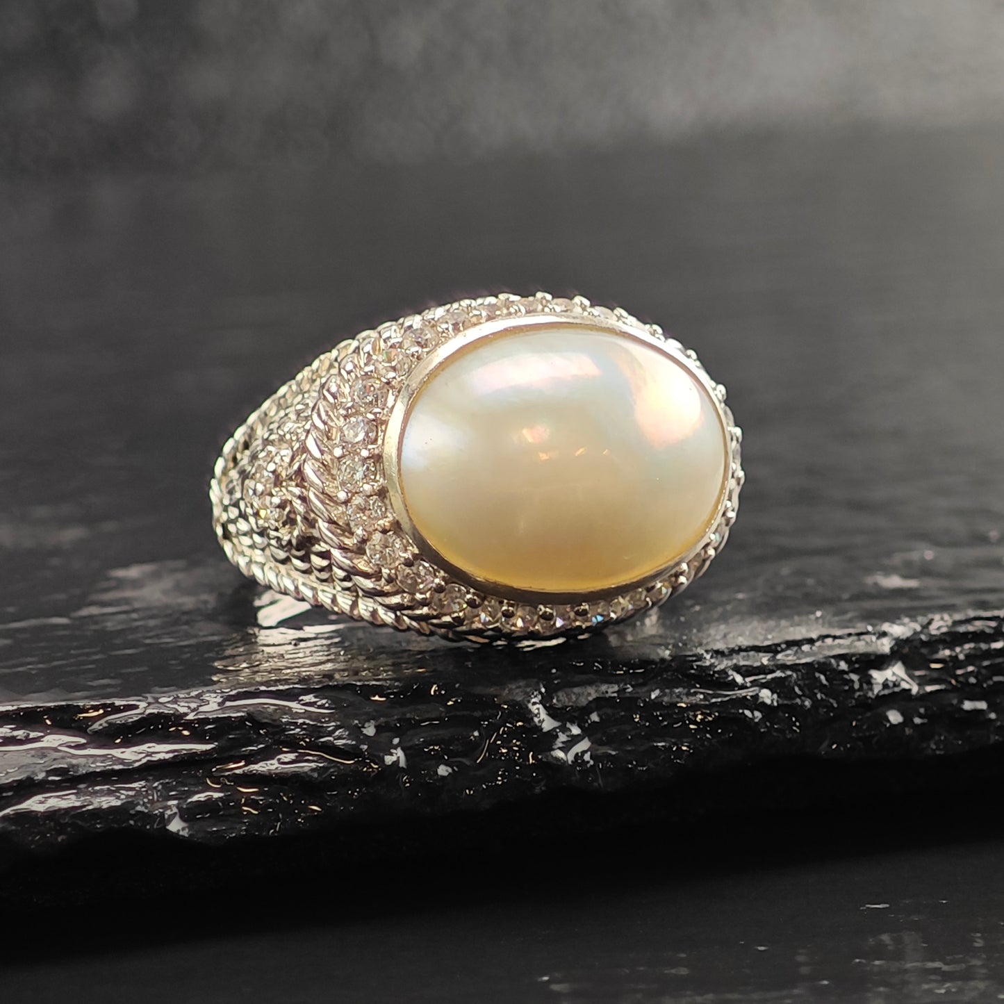 Judith Ripka Mabe Pearl & DQCZ Sterling Silver Ring Sz 8 R6489
