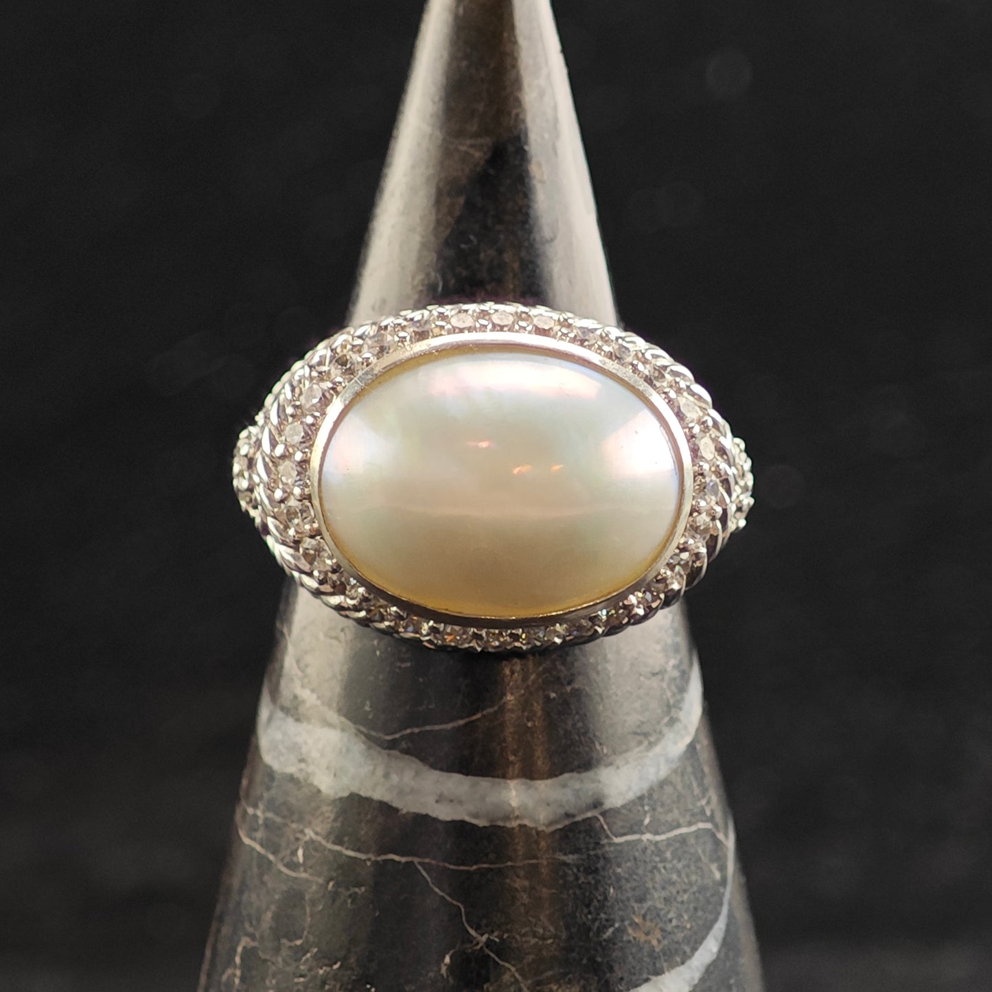 Judith Ripka Mabe Pearl & DQCZ Sterling Silver Ring Sz 8 R6489