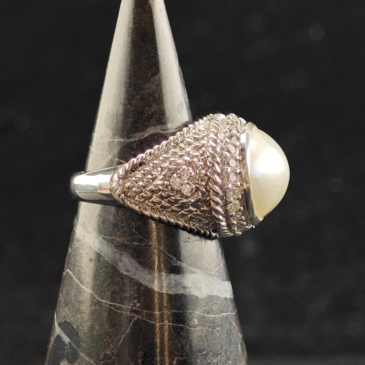 Judith Ripka Mabe Pearl & DQCZ Sterling Silver Ring Sz 8 R6489