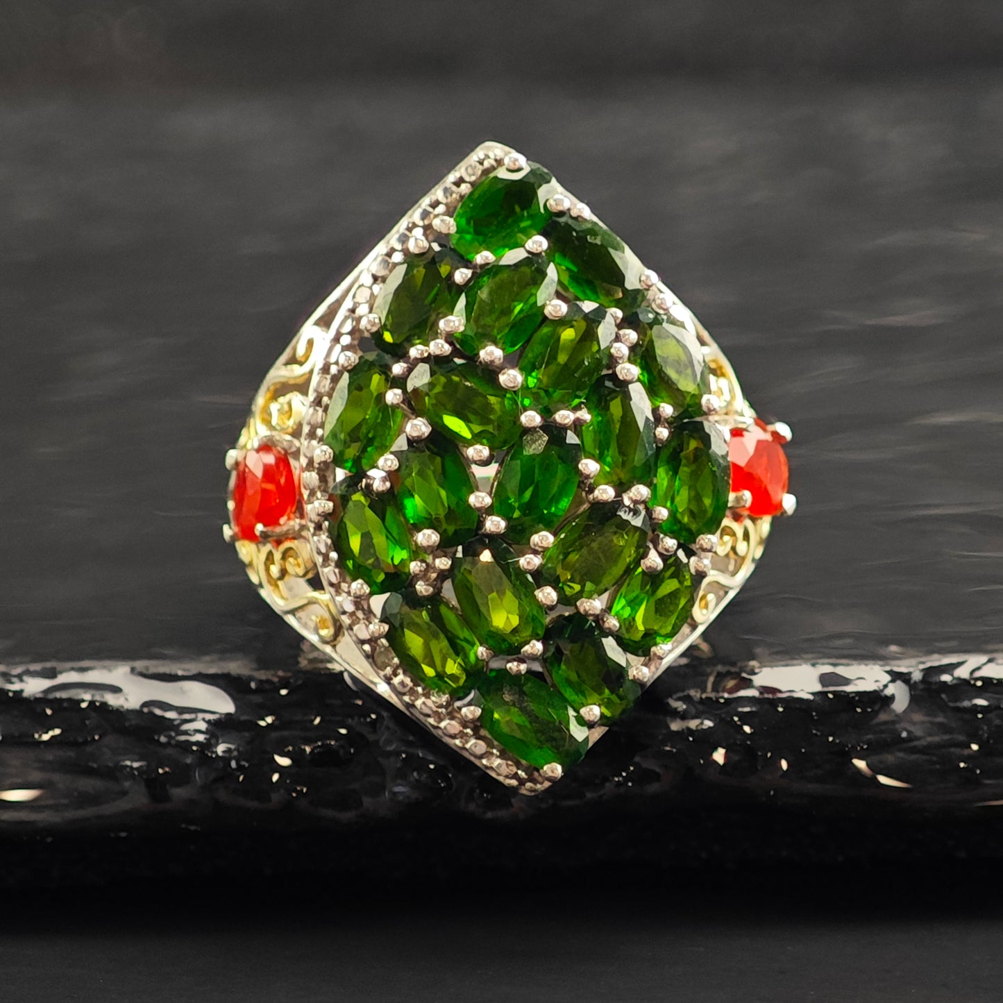 Diopside Fire Opal Sterling Silver Ring Sz 6 R6492