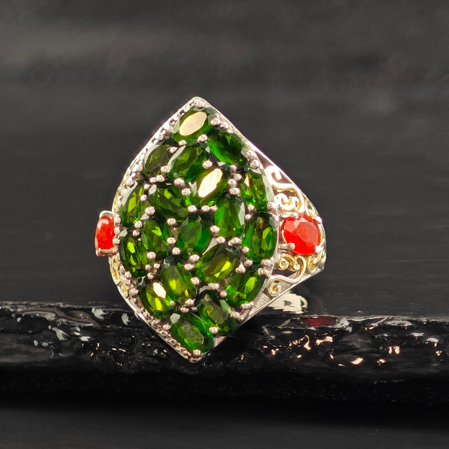 Diopside Fire Opal Sterling Silver Ring Sz 6 R6492