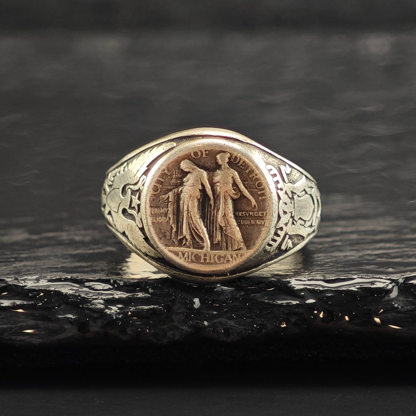 Detroit Antique Commemorative WW1 Sterling Silver Signet Ring Sz 8 R6493