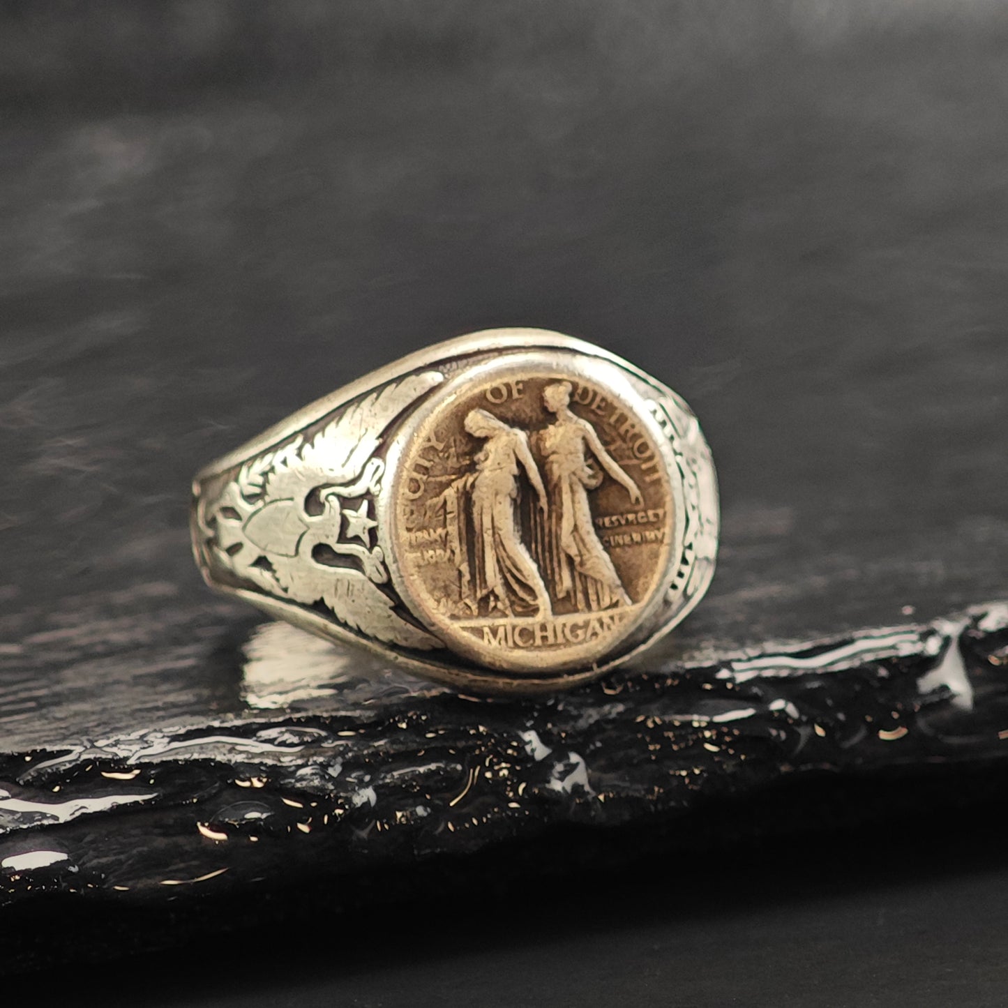 Detroit Antique Commemorative WW1 Sterling Silver Signet Ring Sz 8 R6493