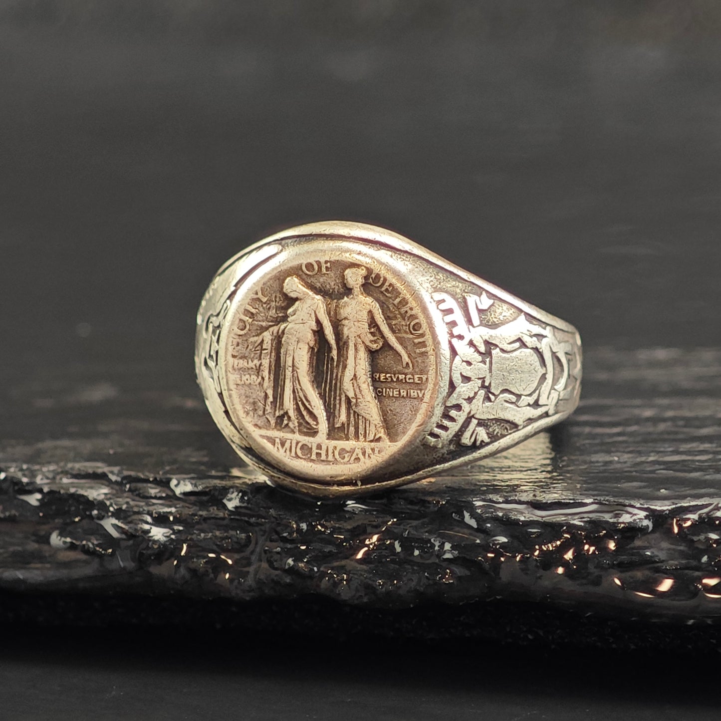Detroit Antique Commemorative WW1 Sterling Silver Signet Ring Sz 8 R6493