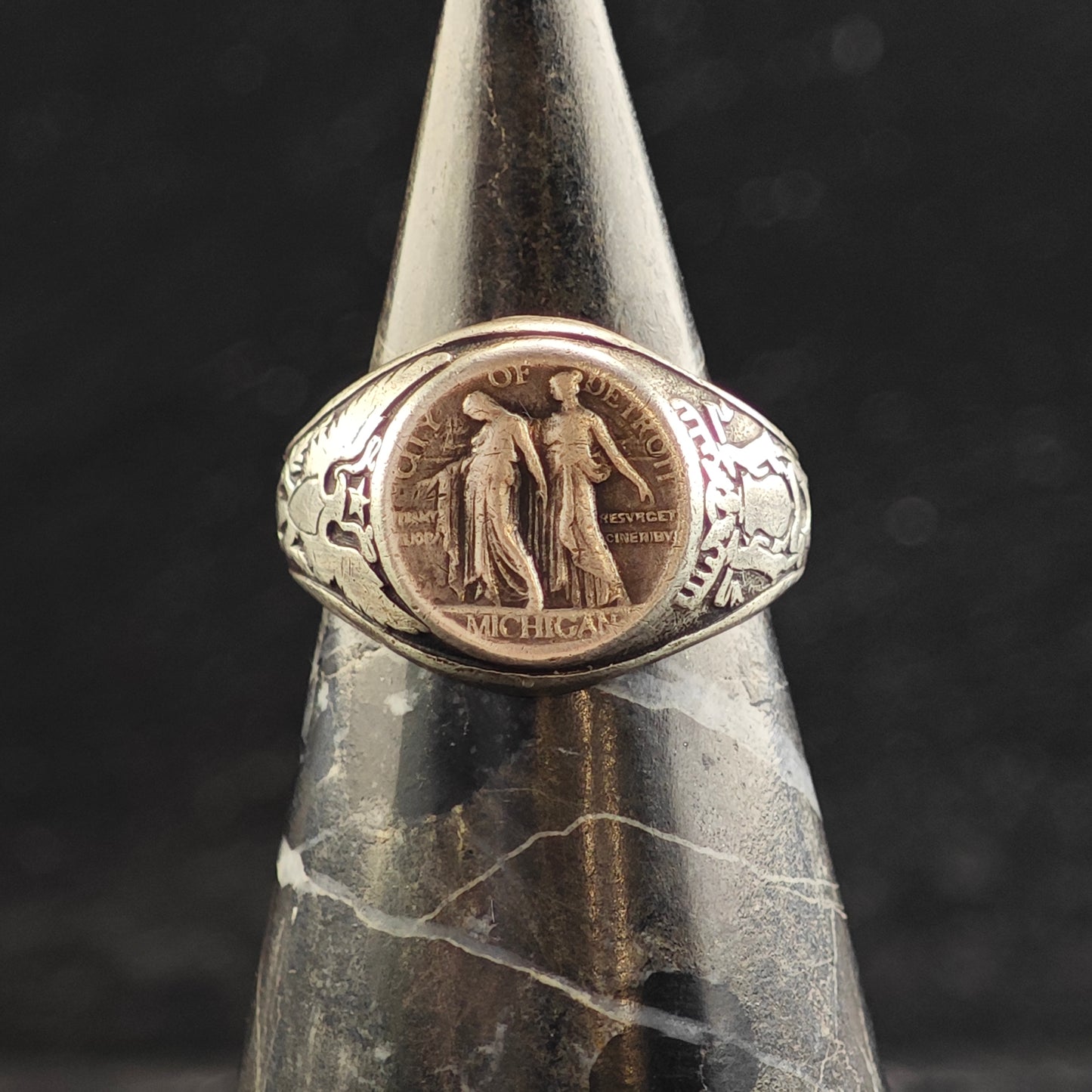 Detroit Antique Commemorative WW1 Sterling Silver Signet Ring Sz 8 R6493