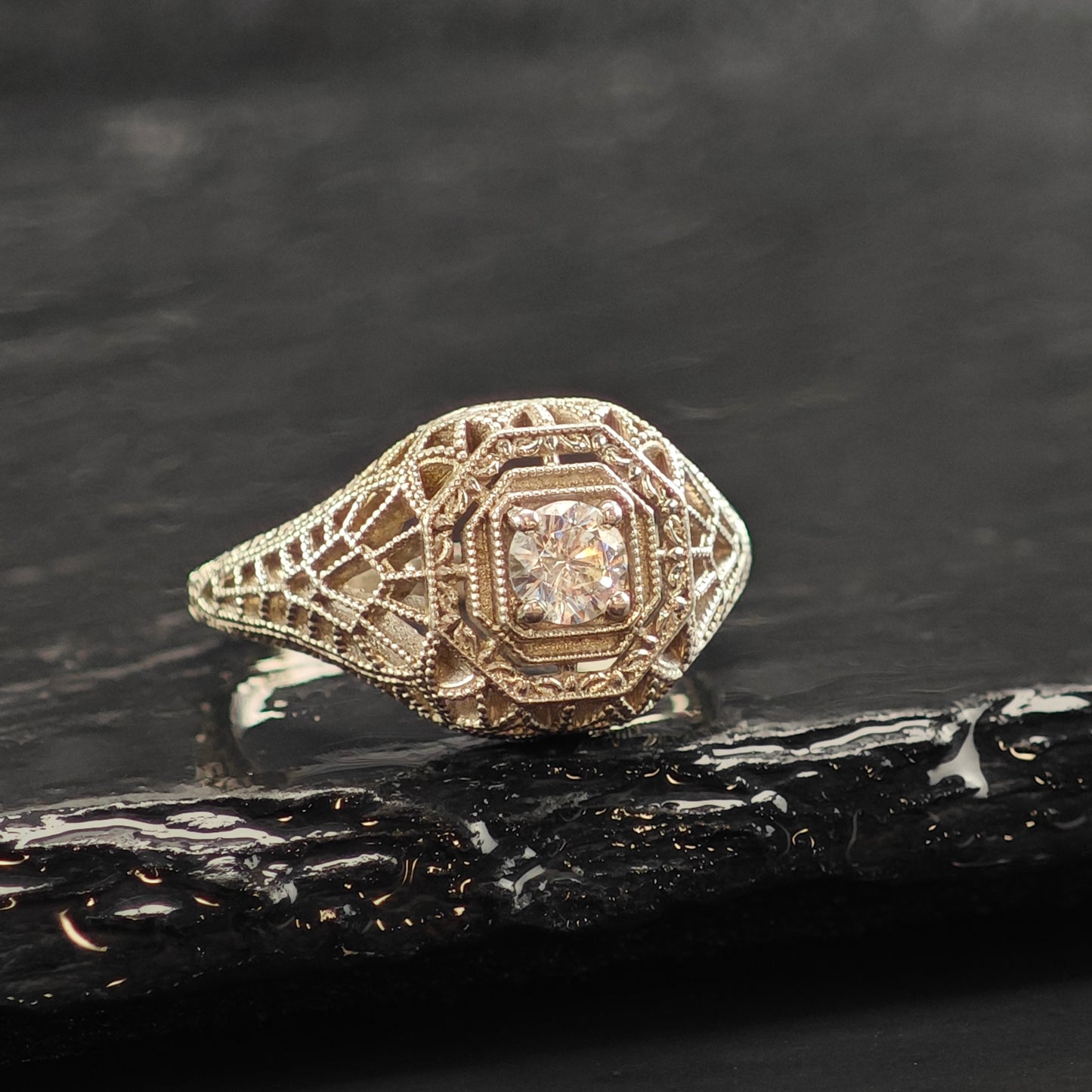 Art Deco Style CZ Filigree Sterling Silver Ring Sz 8 R6494