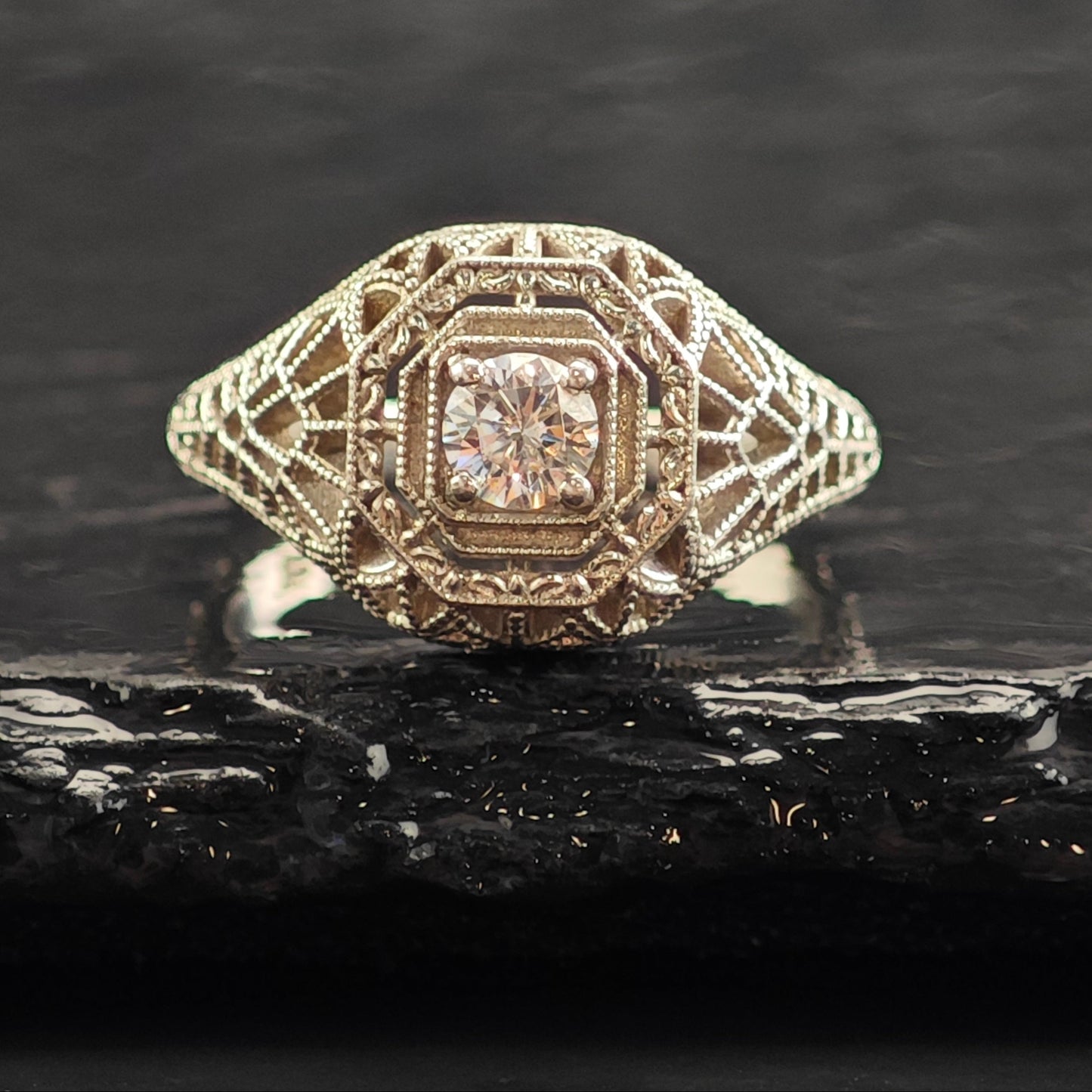Art Deco Style CZ Filigree Sterling Silver Ring Sz 8 R6494