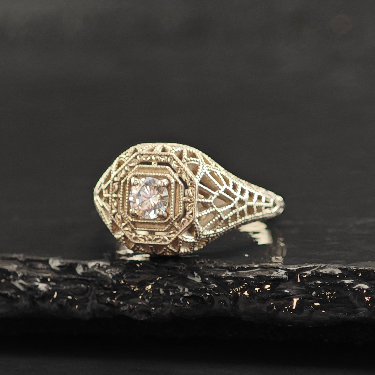 Art Deco Style CZ Filigree Sterling Silver Ring Sz 8 R6494