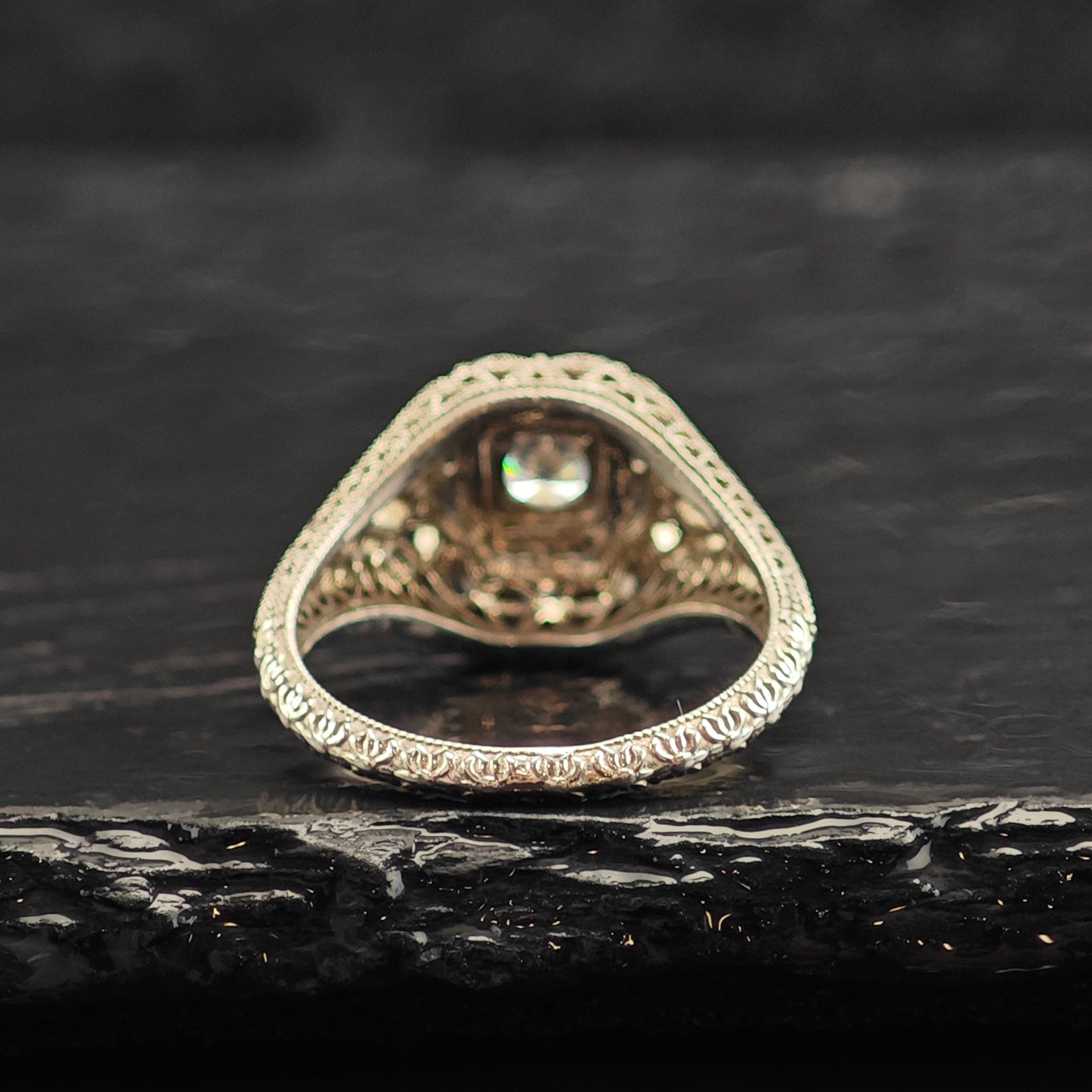 Art Deco Style CZ Filigree Sterling Silver Ring Sz 8 R6494