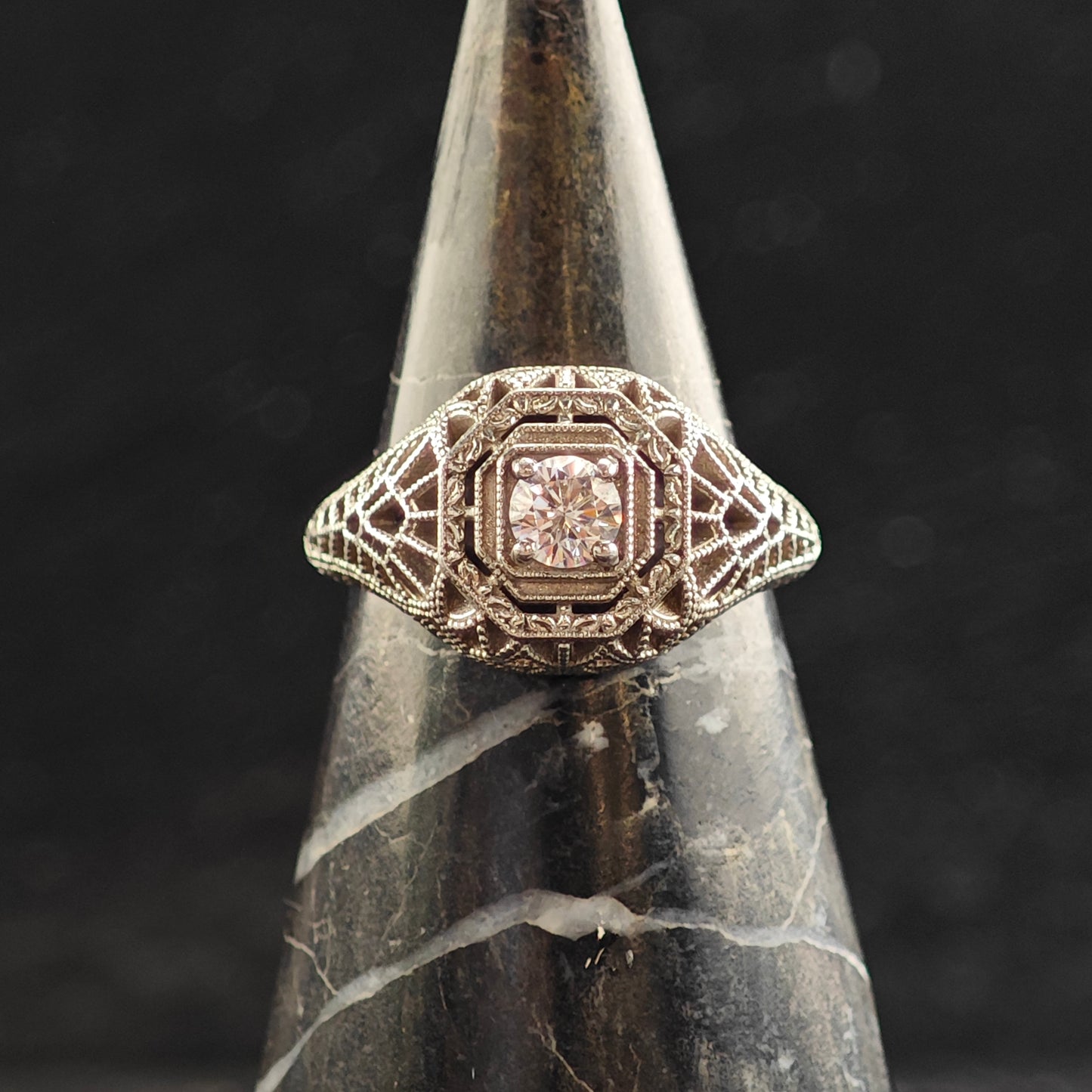 Art Deco Style CZ Filigree Sterling Silver Ring Sz 8 R6494