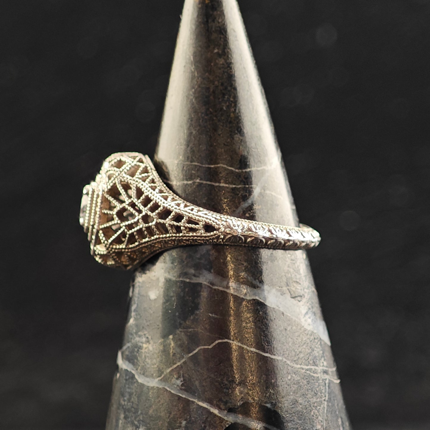Art Deco Style CZ Filigree Sterling Silver Ring Sz 8 R6494