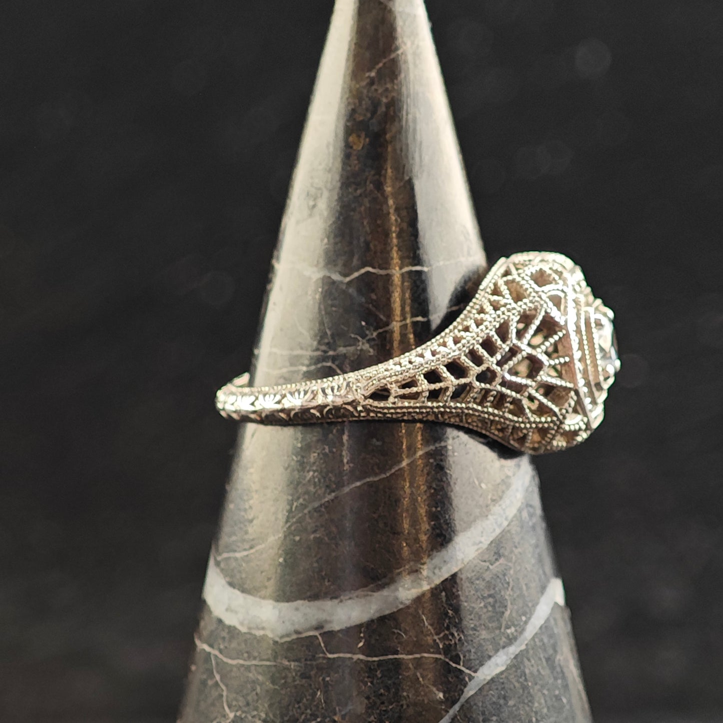 Art Deco Style CZ Filigree Sterling Silver Ring Sz 8 R6494