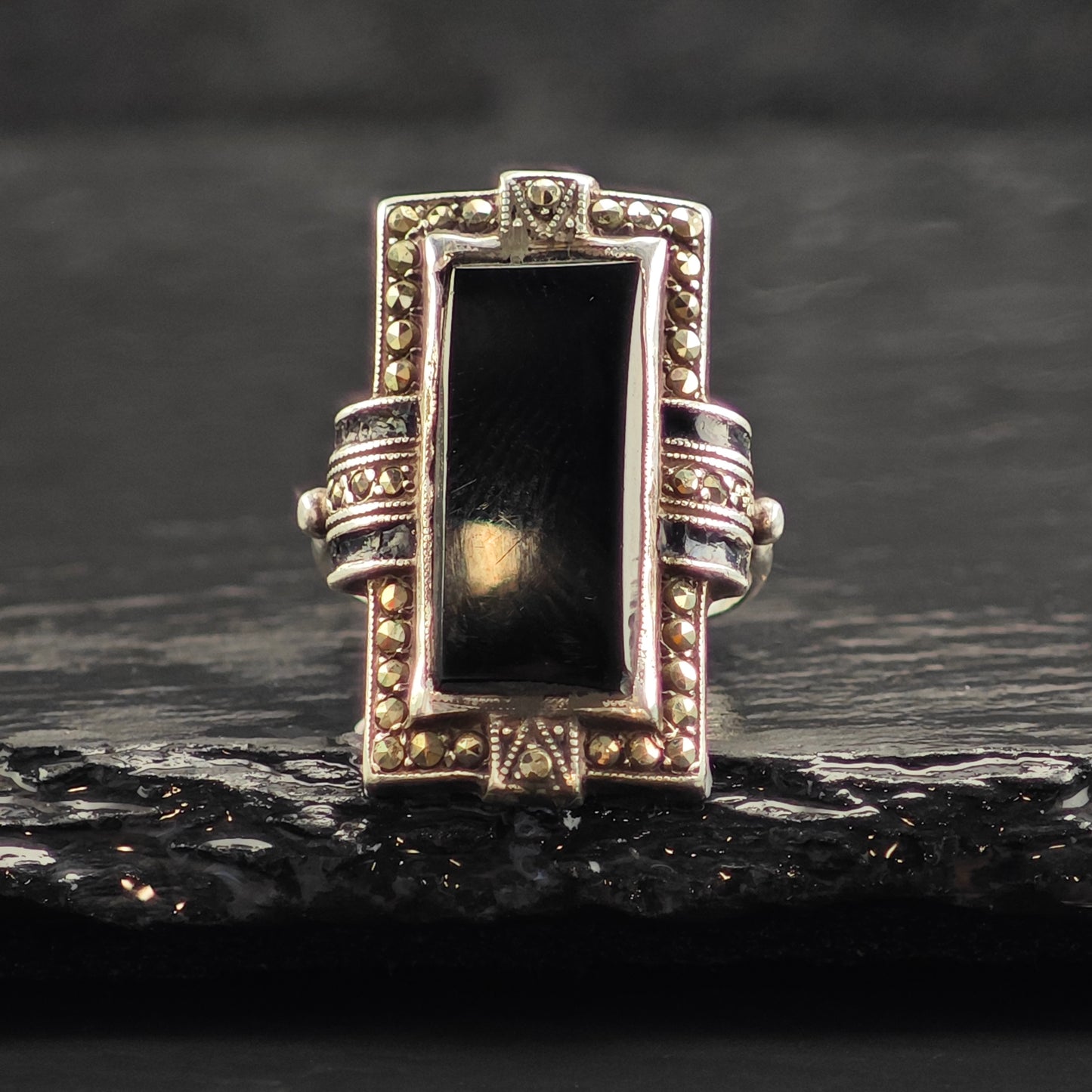 Art Deco Onyx Sterling Silver Ring Sz 5 1/2 R6496