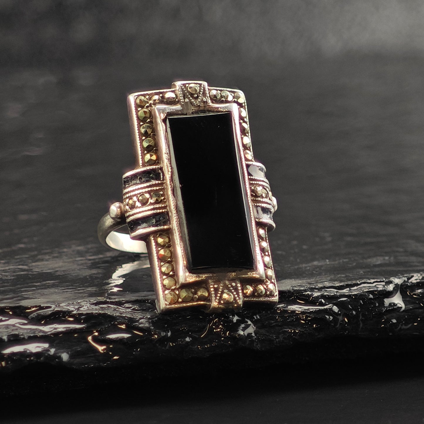 Art Deco Onyx Sterling Silver Ring Sz 5 1/2 R6496