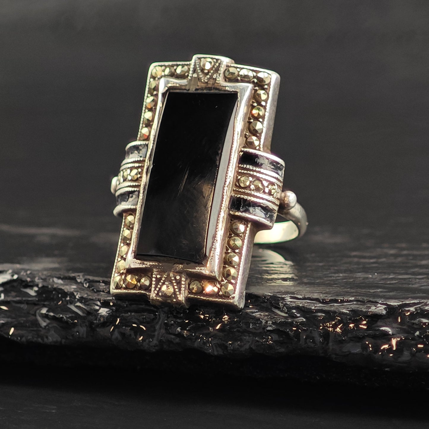 Art Deco Onyx Sterling Silver Ring Sz 5 1/2 R6496