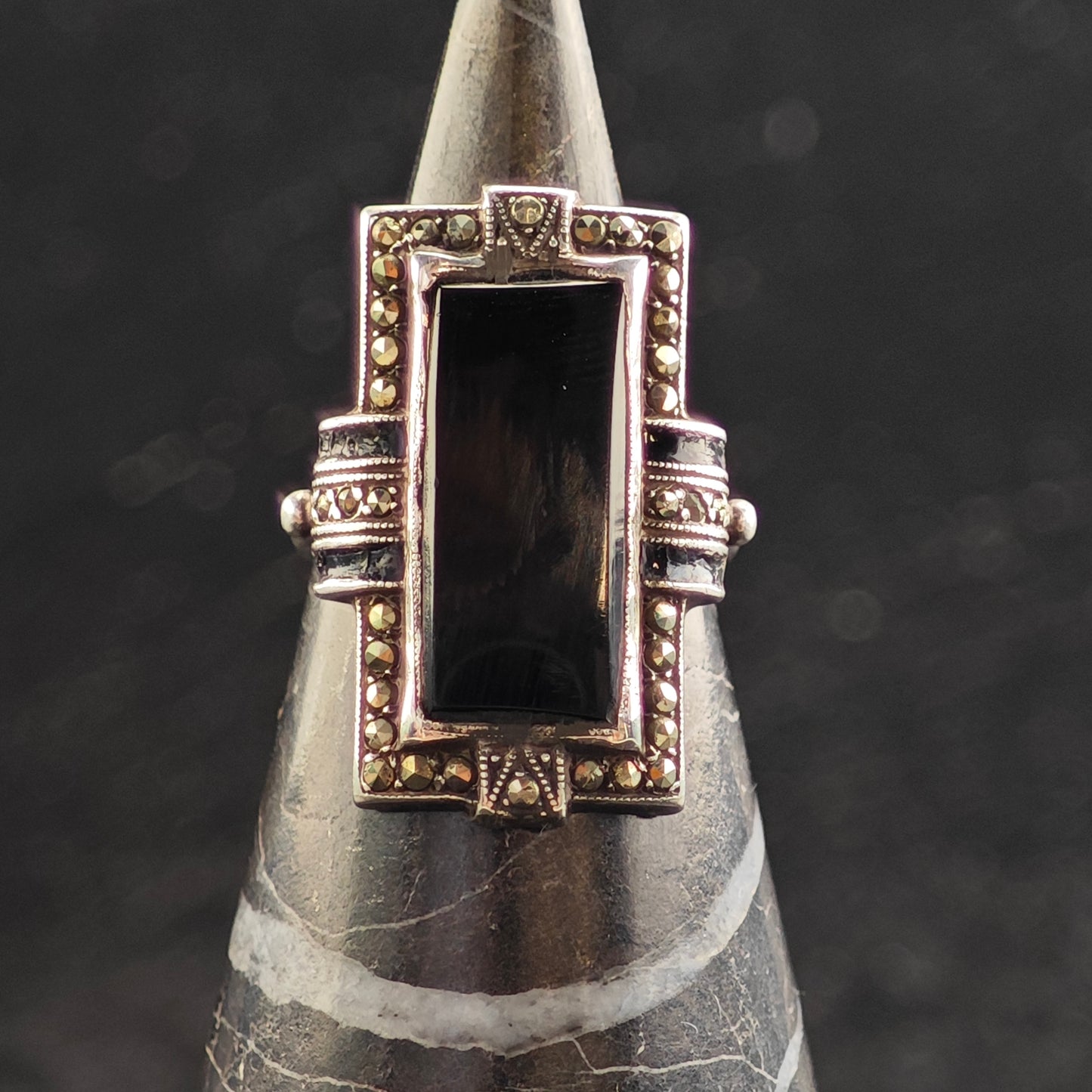 Art Deco Onyx Sterling Silver Ring Sz 5 1/2 R6496