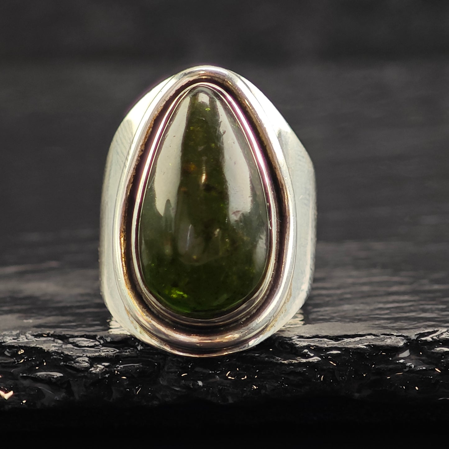 Green Amber Teardrop Sterling Silver Ring Sz 7 1/2