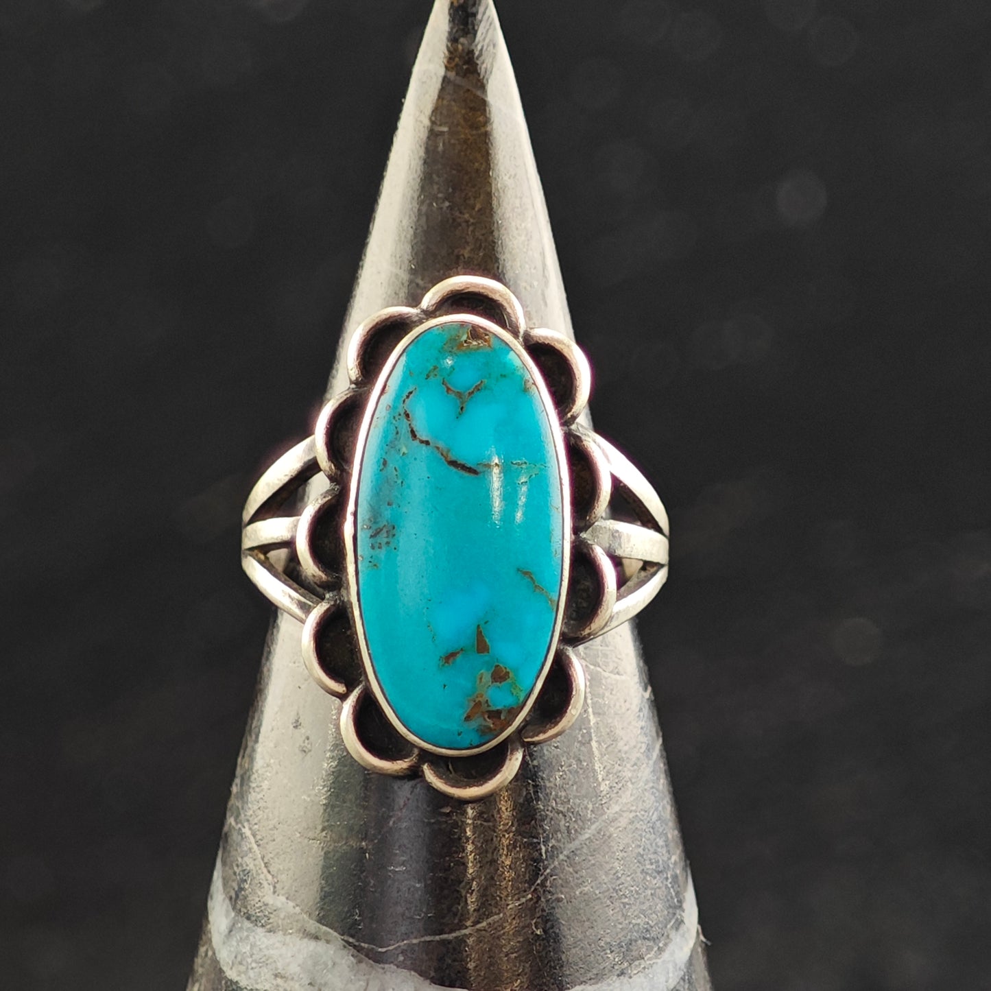 SW Oval Turquoise Scalloped Ring Face Sterling Silver Ring Sz 5 3/4 R6505