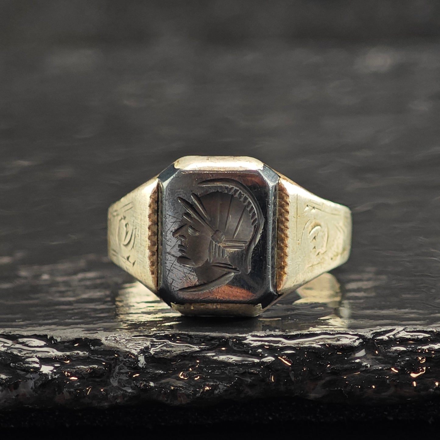 Art Deco Hematite Centurion Intaglio Signet Sterling Silver Ring Sz 11 R6503