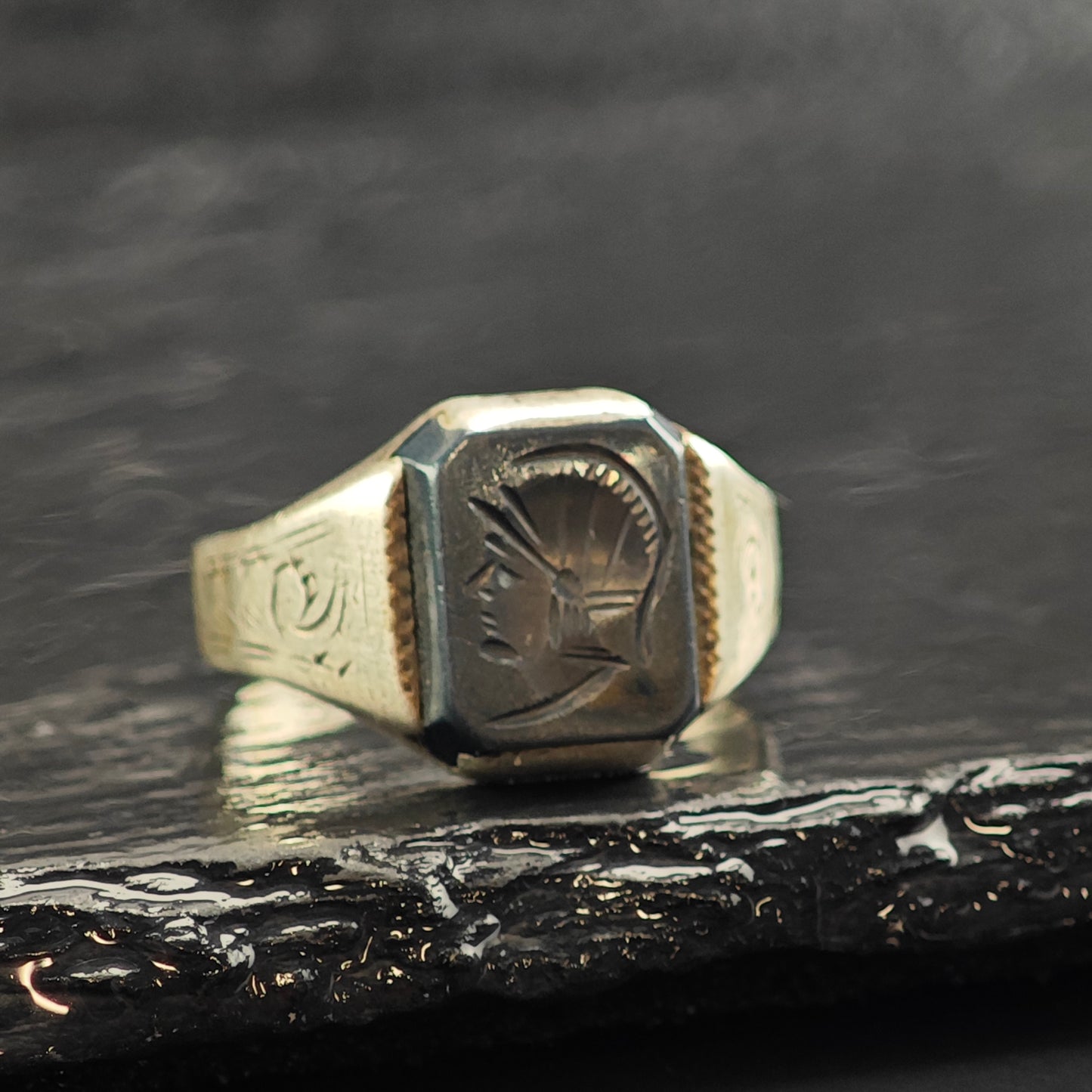 Art Deco Hematite Centurion Intaglio Signet Sterling Silver Ring Sz 11 R6503