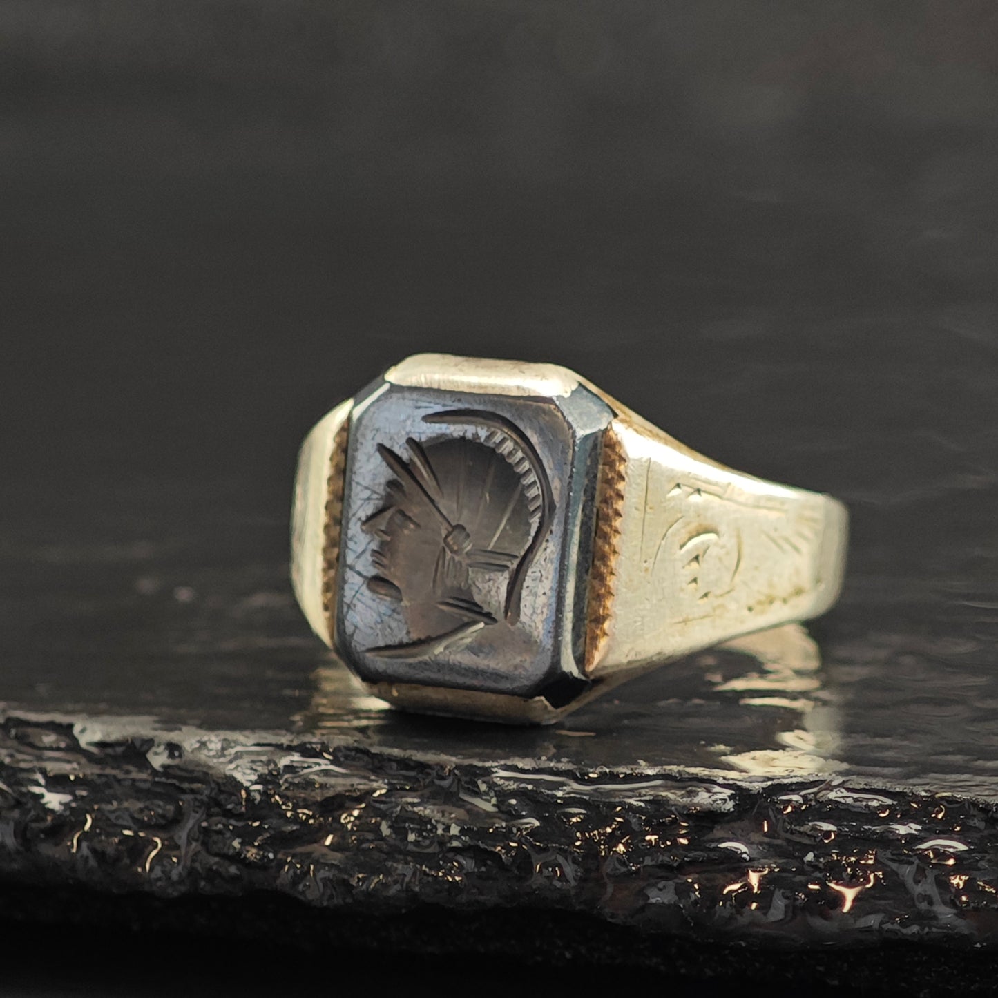 Art Deco Hematite Centurion Intaglio Signet Sterling Silver Ring Sz 11 R6503