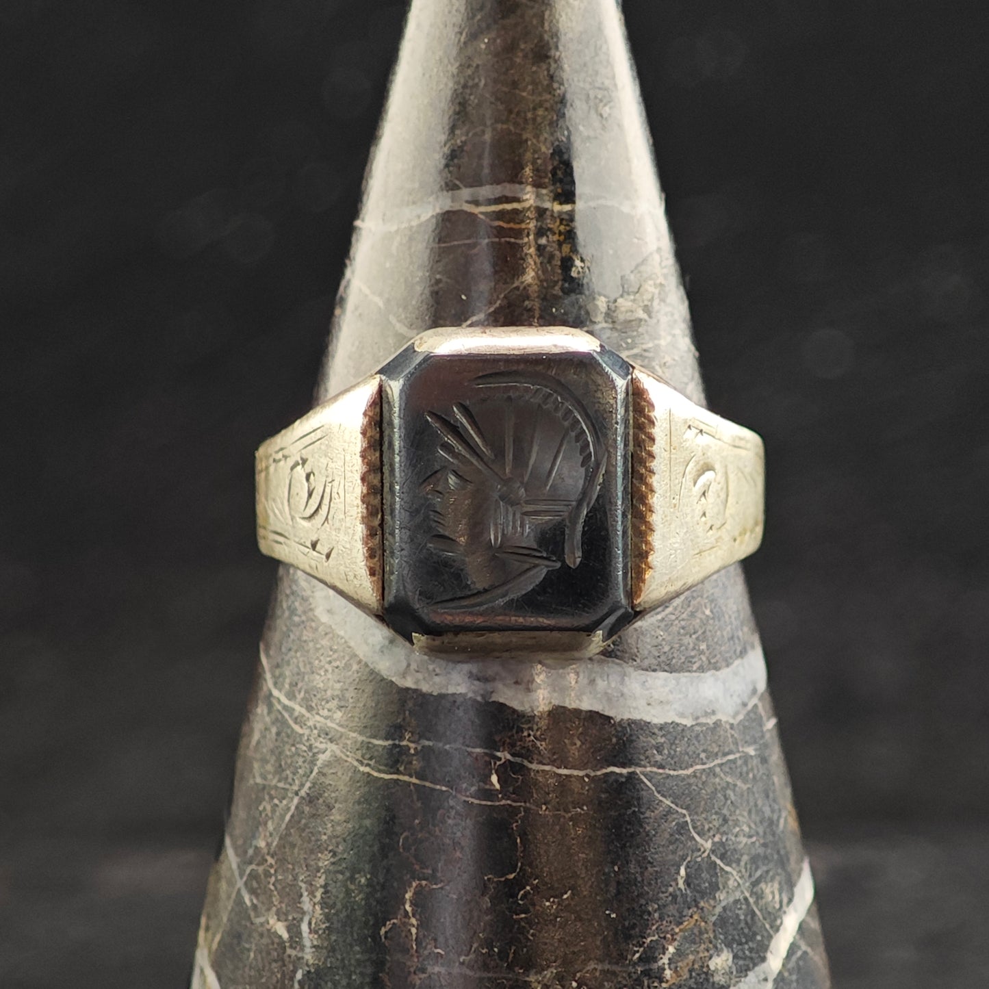 Art Deco Hematite Centurion Intaglio Signet Sterling Silver Ring Sz 11 R6503