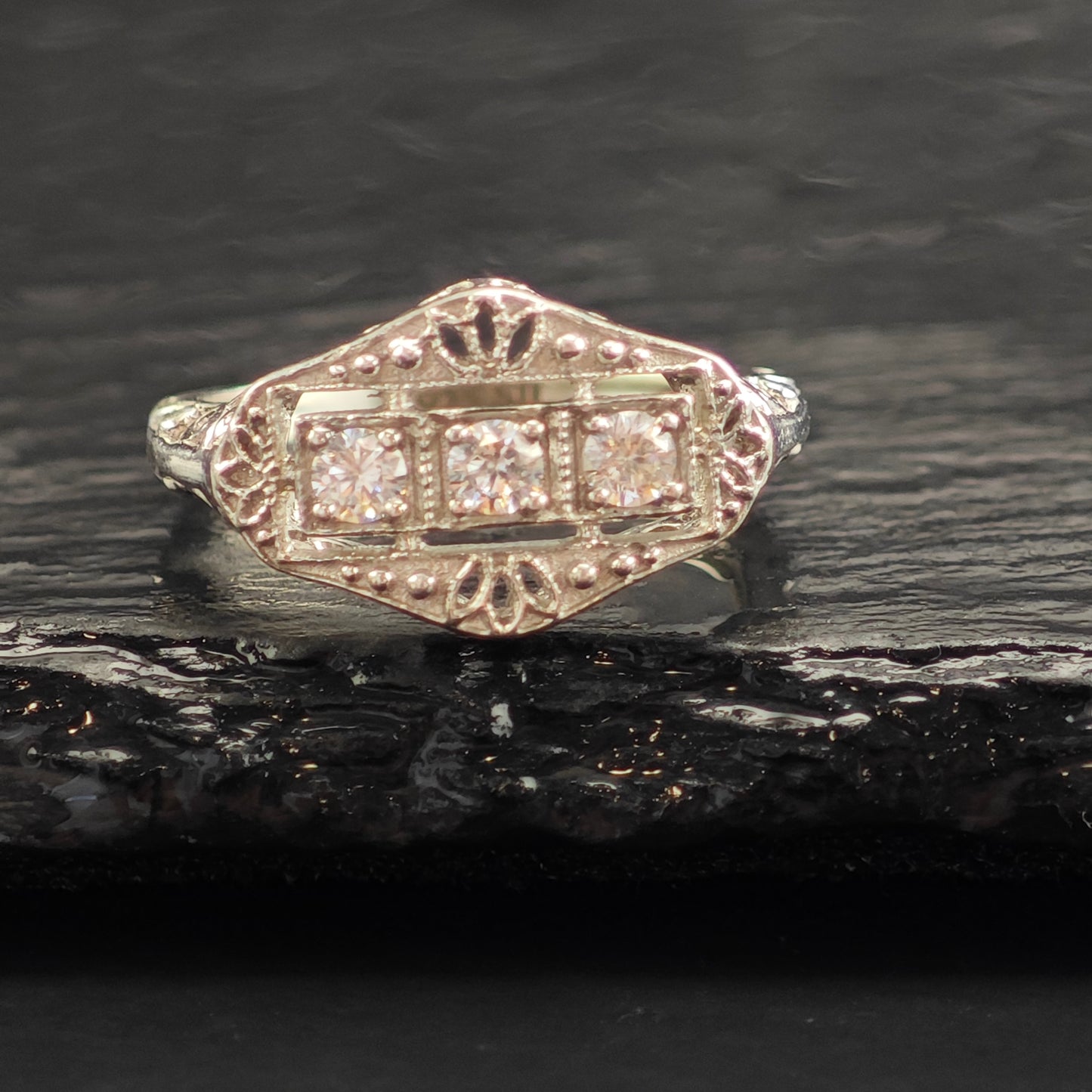 Art Deco Style CZ Filigree Sterling Silver Ring Sz 8 R6506