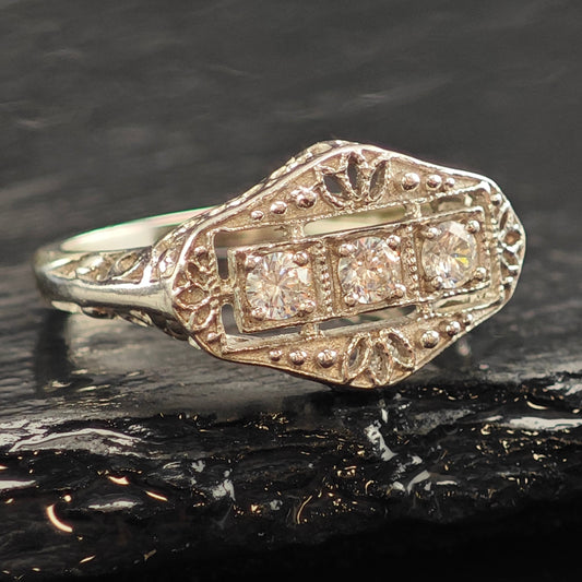 Art Deco Style CZ Filigree Sterling Silver Ring Sz 8 R6506