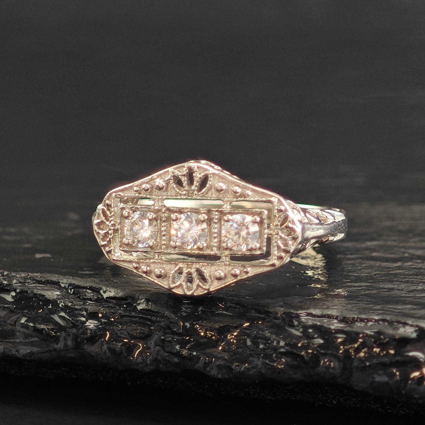 Art Deco Style CZ Filigree Sterling Silver Ring Sz 8 R6506