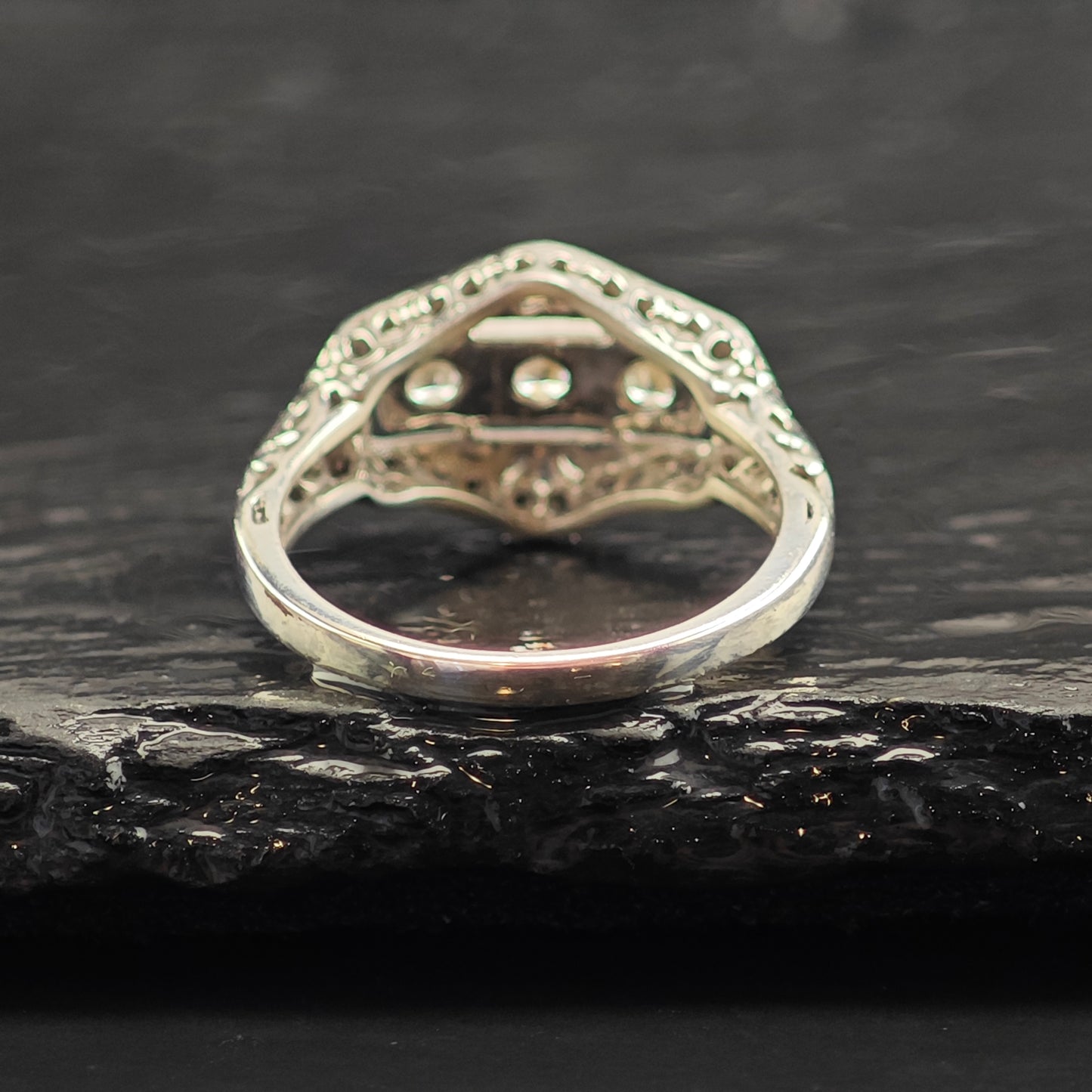 Art Deco Style CZ Filigree Sterling Silver Ring Sz 8 R6506